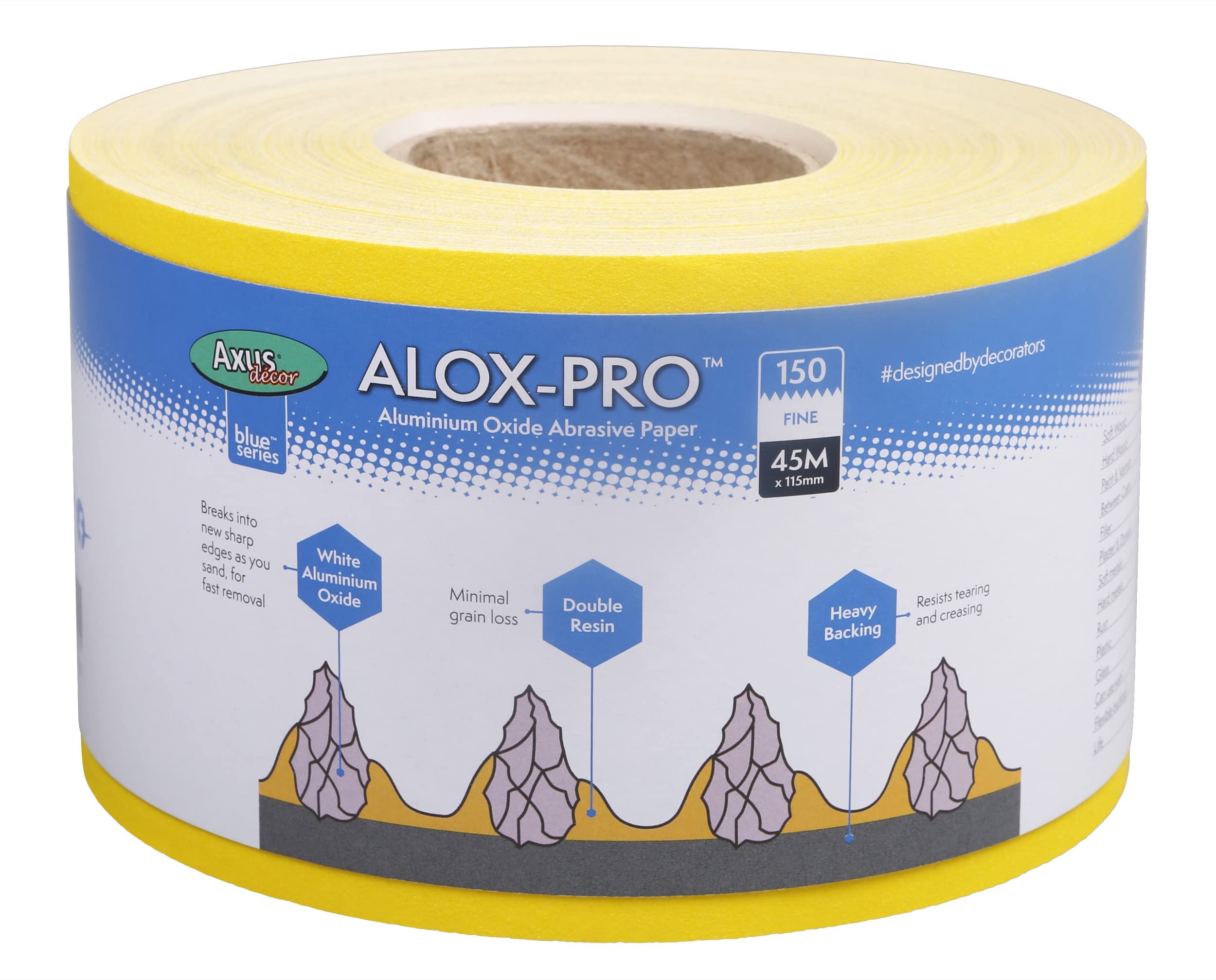 Axus Decor Alox Pro Yellow Aluminum Oxide - 45m x 115mm, 150 grit Sandpaper Roll - Ideal for Wood, Paint, Metal, Automotive, and More, Ideal For Professional Painter's & DIY enthusiasts
