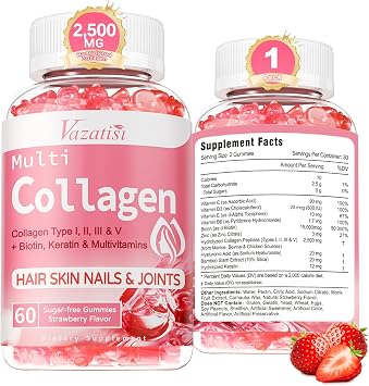 Collagen Peptide Gummies for Women & Men Sugar Free, Hydrolyzed Collagen with Biotin for Hair Skin Nails Digestion, Multi Collagen Protein Type I II III X with Hyaluronic Acid & Vitamin C, 60 Count