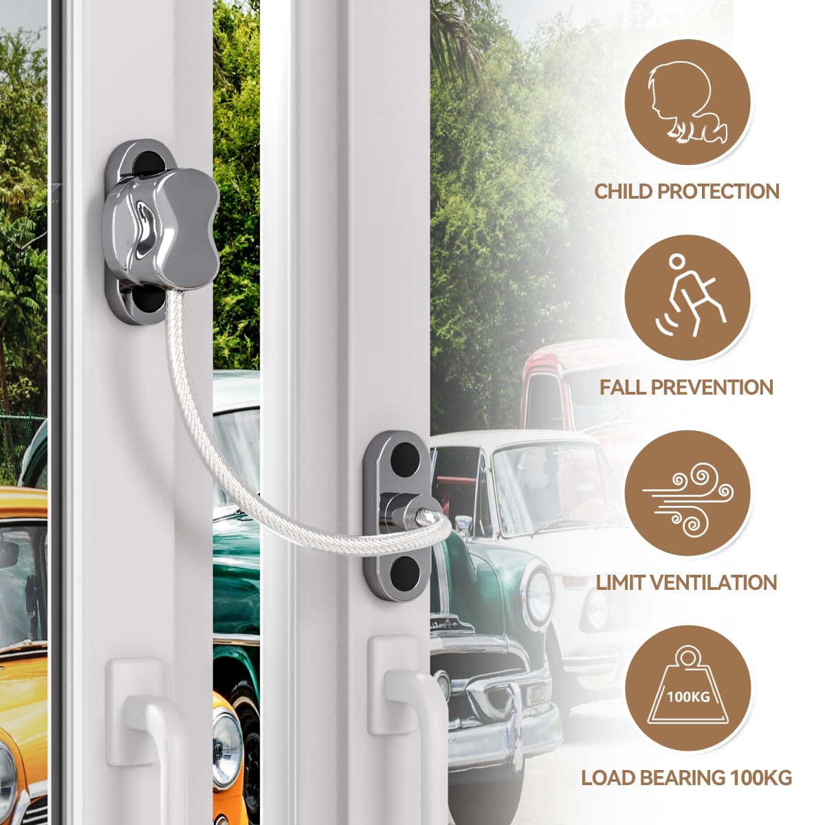 Bwintech Lot de 5 entrebâilleurs de fenêtre chromés sans clé, câble de sécurité en UPVC, limite les espaces ouverts pour garder les enfants en sécurité et éviter les blessures et le vol