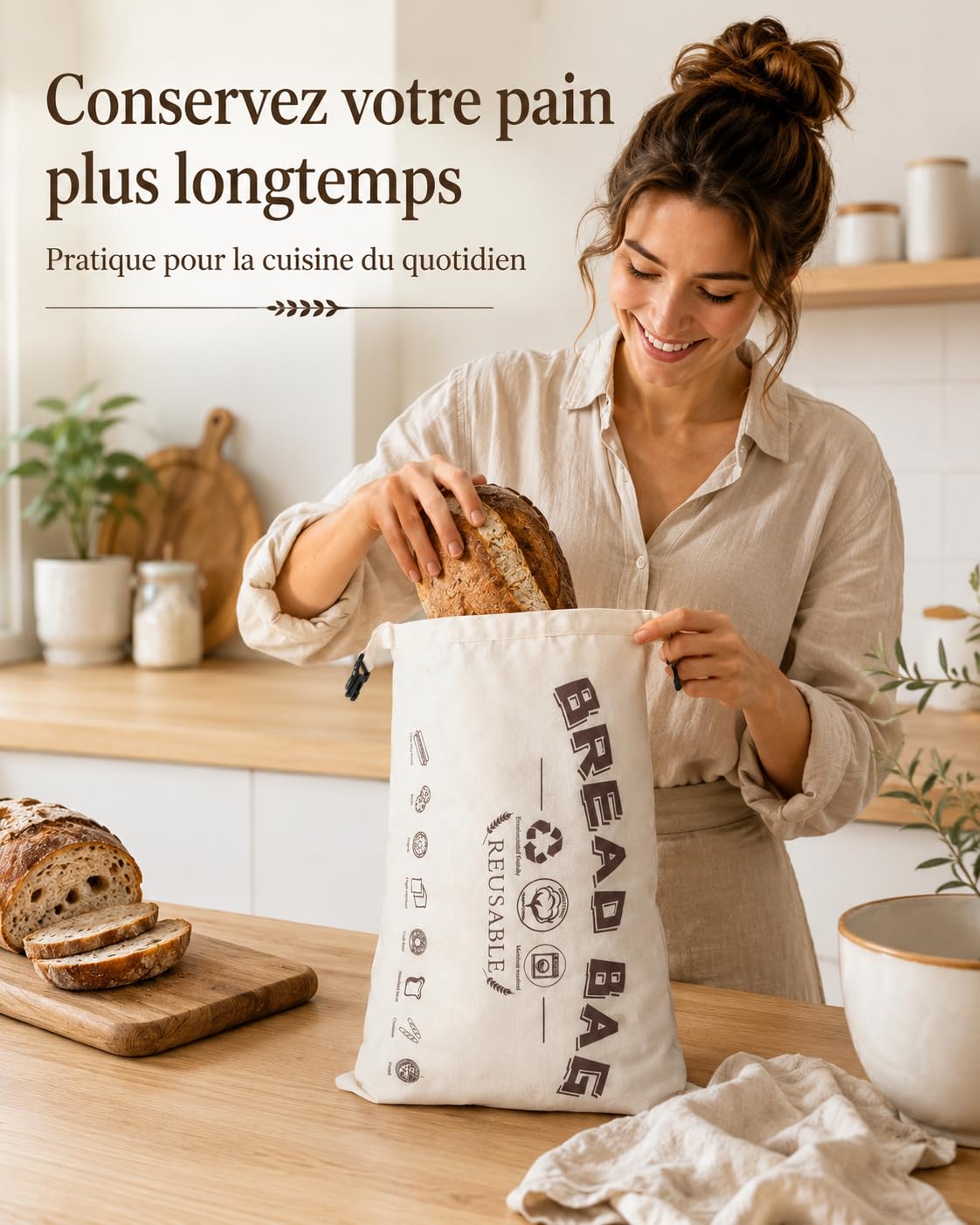 Bienenwachs Brotbeutel 2er Set, 43 x 32 cm, Bienenwachsbeutel aus Baumwolle Wiederverwendbar, Brotbeutel Bienenwachs Rollverschluss mit Klickverschluss und Griff, für Sauerteigbrot, Baguette und Gebä