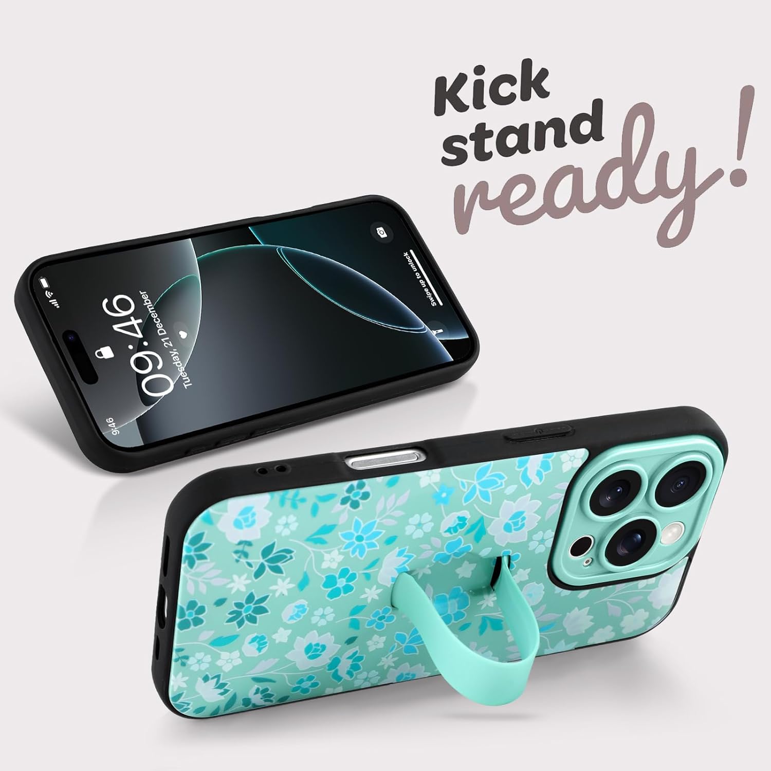 Compatible with iPhone 16 Pro Case with Finger Hand Strap Kickstand, Cute Flowers Floral Phone Case for Girls Women Men, Full Camera Protection Shockproof Protective Cover, Green Flowers - Image 4