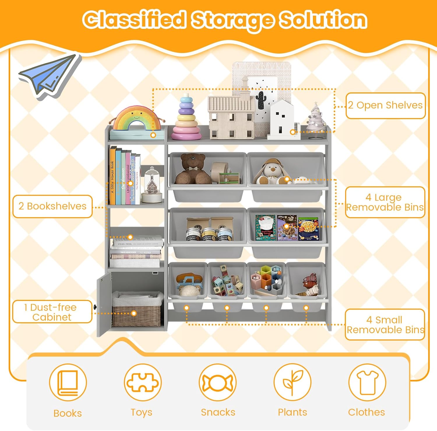 HONEY JOY Kids Toy Storage Organizer, 44" L Wooden Bookcase Cabinet w/ 8 Removable Bins, Open Shelves, Kids Display Bookshelf for Bedroom, Playroom, Classroom & Nursery (Gray)