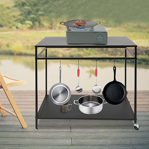 Miniatura 2 de Mesa de carrito de parrilla al aire libre, soporte para horno de pizza, tres estantes de acero inoxidable, mesa de preparación de alimentos, patio,