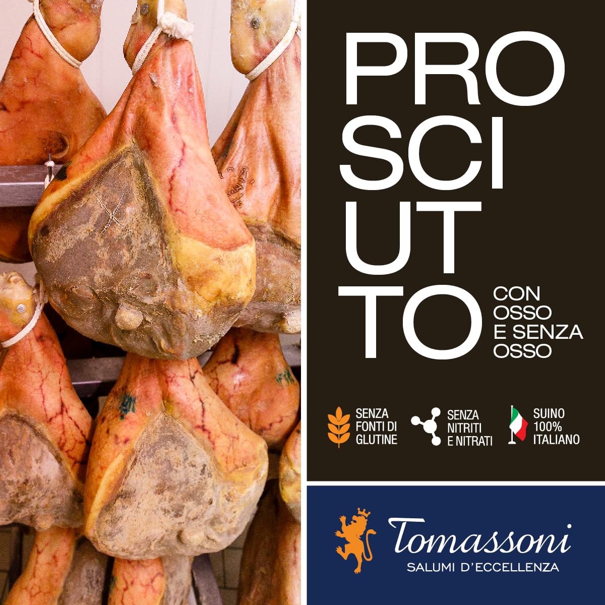 Tomassoni Jambon Italien Cru de Parme, Prosciutto di Parma, sans gluten et sans lactose, produit artisanal 100% italien, spécialités gastronomiques, pièce emballée sous vide 1,80 kg
