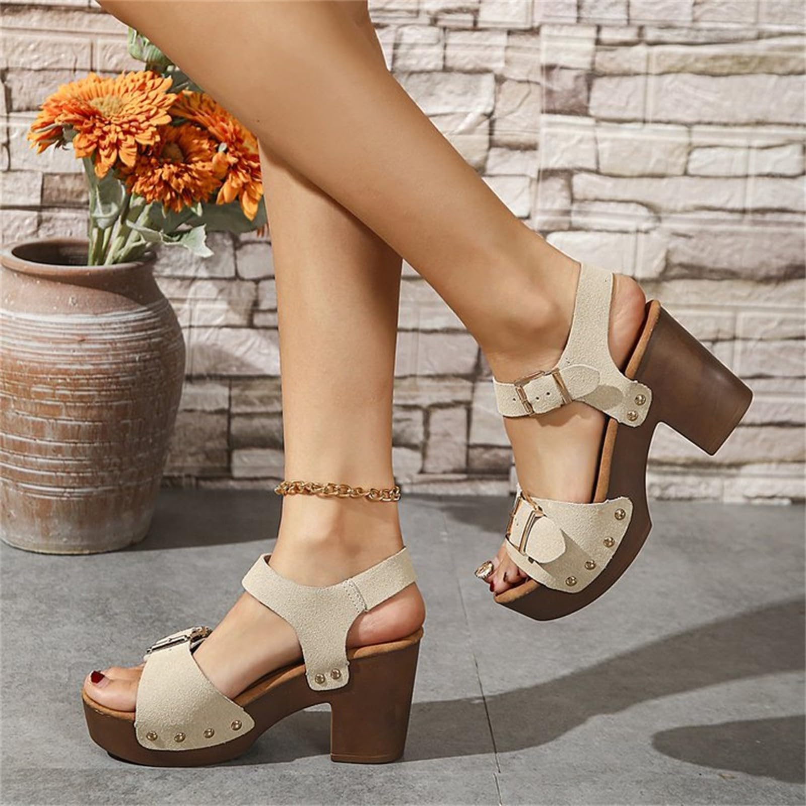 Scarpe da donna estive chic e comode tacchi con zeppe, pantofole da donna estive comode aperte, pantofole ortopediche a piattaforma, pantofola con cinturino alla caviglia, tacco, tacco, tacco, tacchi