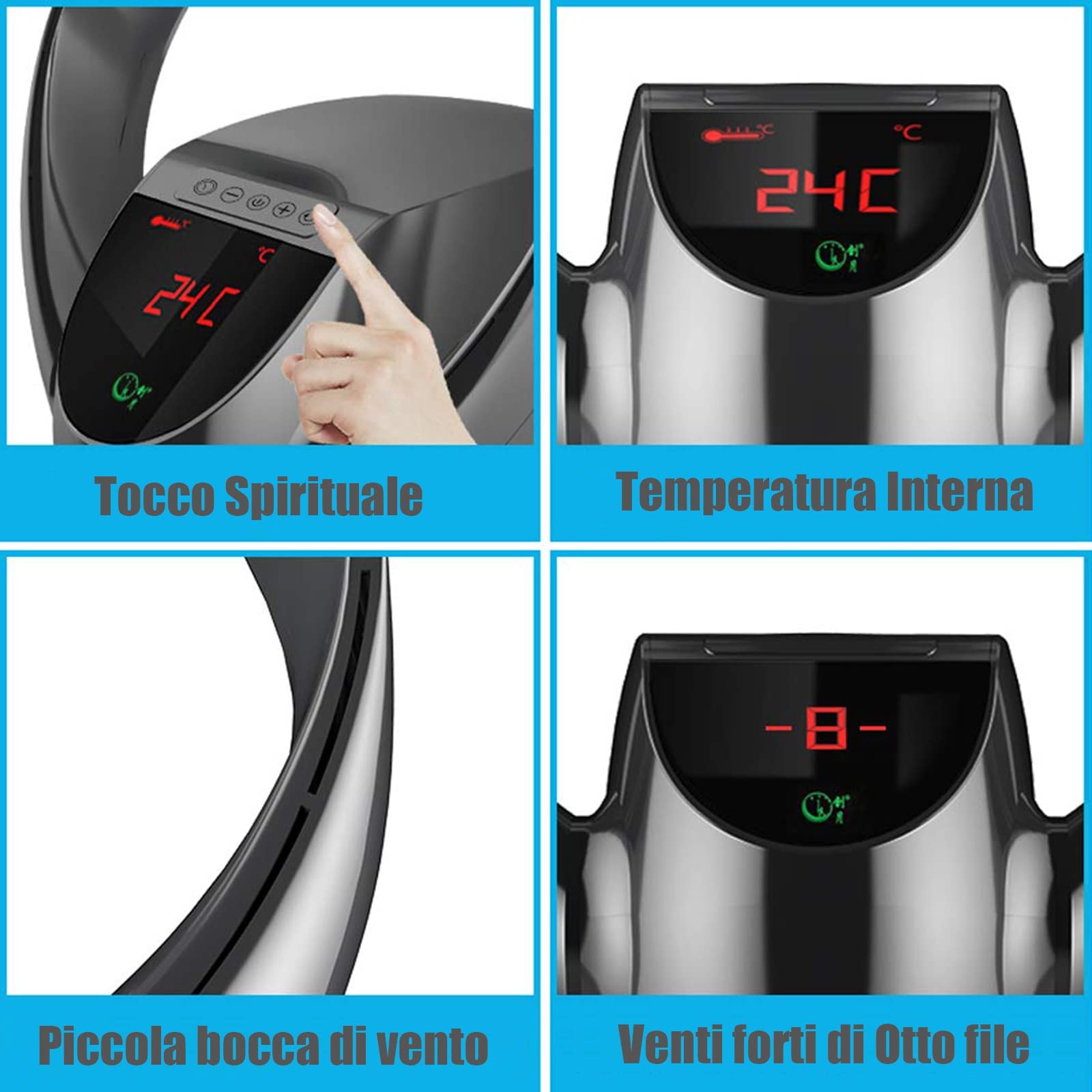 Flügelloser Wandventilator, Fernbedienung, leise, energiesparend, 8 Geschwindigkeiten einstellbarer Wind, großer Touchscreen, 180 ° Einstellung, 90 ° Schwung
