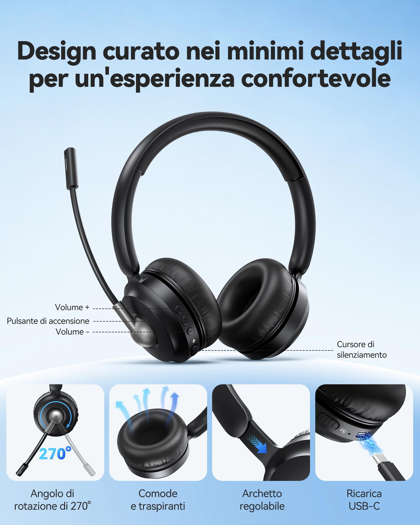 TECKNET V6.0 Cascos Inalámbricos Bluetooth con Doble Conexión, Auriculares con Micrófono,Cancelación de Ruido ENC, Botón de Silencio, hasta 50 Horas, för dator PC/Laptop/Mac