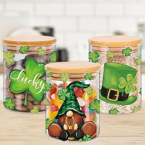 JarThenaAMCS Juego de 3 tarros de almacenamiento de cristal del día de San Patricio, trébol de la suerte, gnomo, con tapa hermética de bambú para
