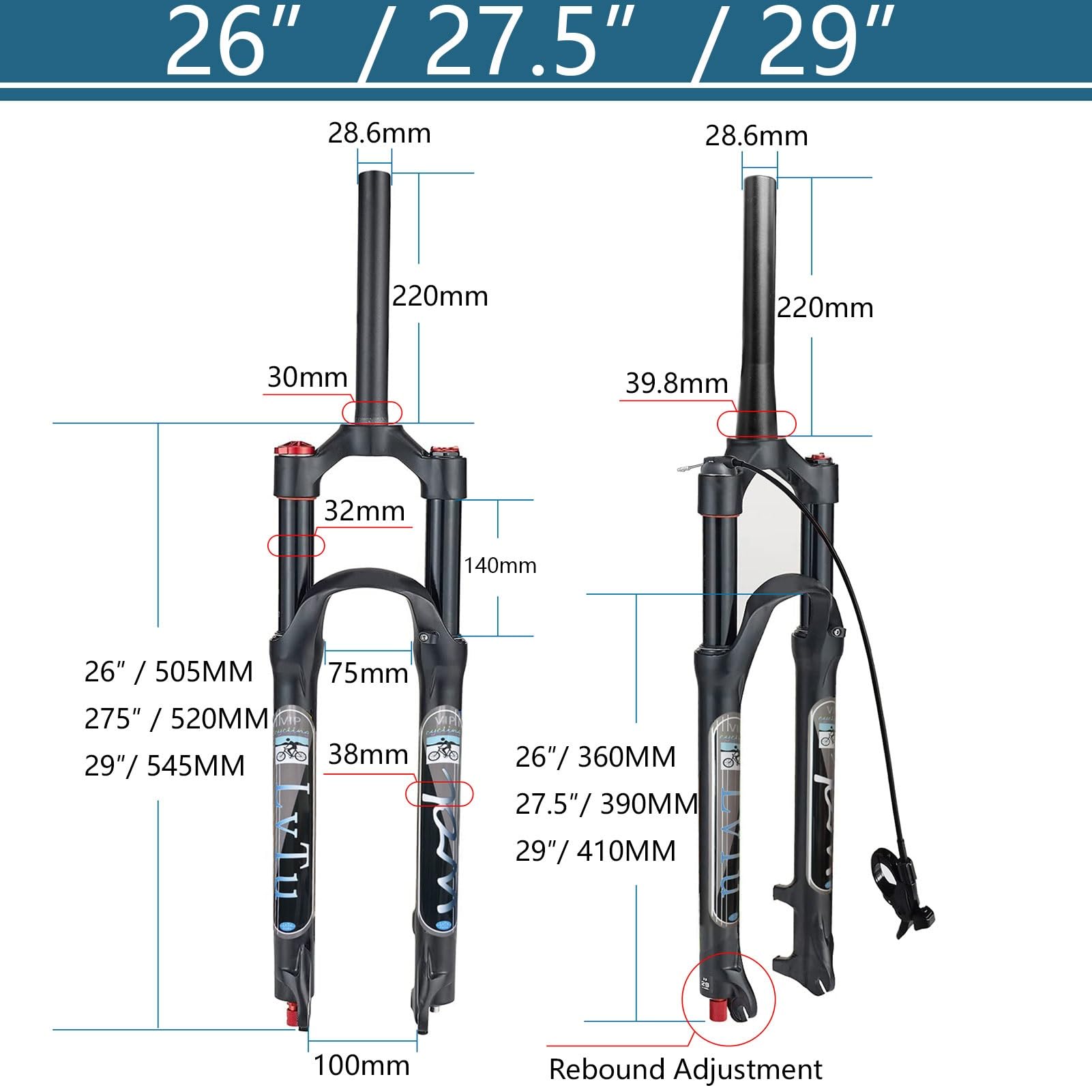 Aleación de Magnesio Horquilla de Suspensión MTB, 26/27,5/29 Pulgadas Recorrido 140mm Horquilla Delantera para Bicicleta de Montaña con Ajuste de Rebote(Tapered Manual Lockout,27.5)