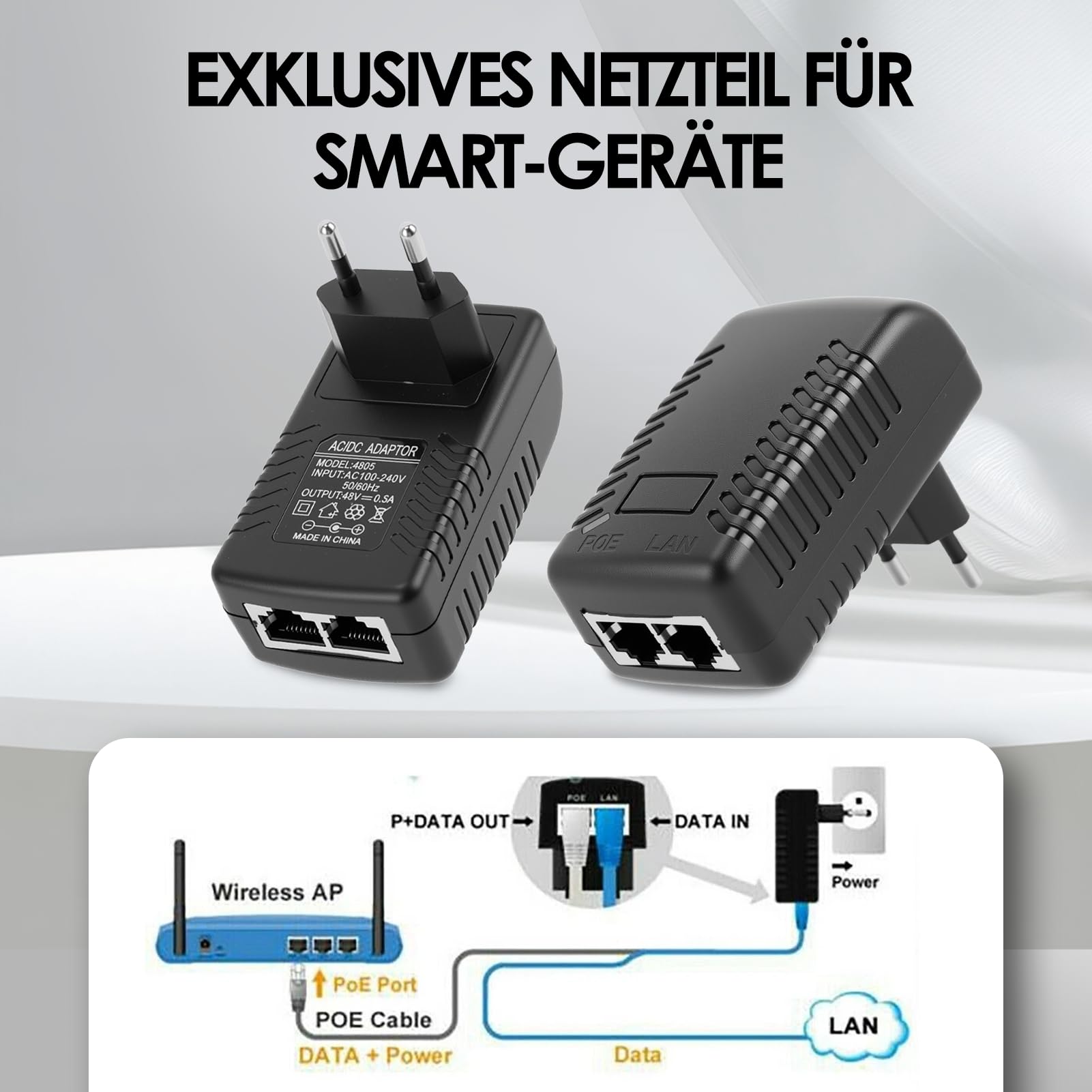 48V 0,5A PoE-injector voeding - EU/US-stekker voor IP-camera's