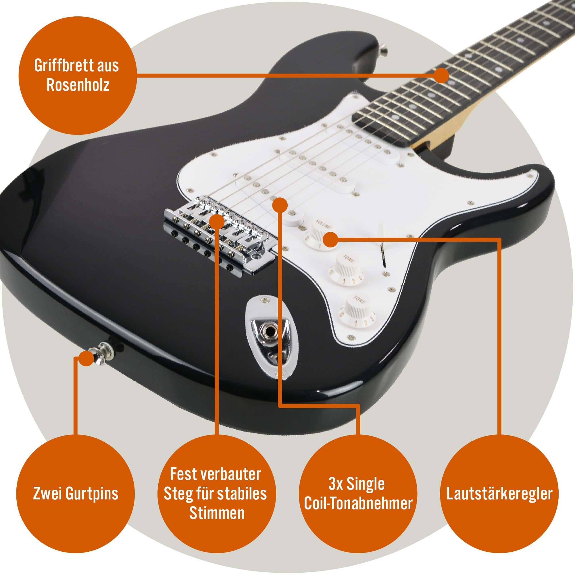 3rd Avenue XF Full Size 4/4 E-Gitarre Starter-Einsteigerpaket Mit Tasche, Gurt, Plektren Und Kapodaster - Schwarz