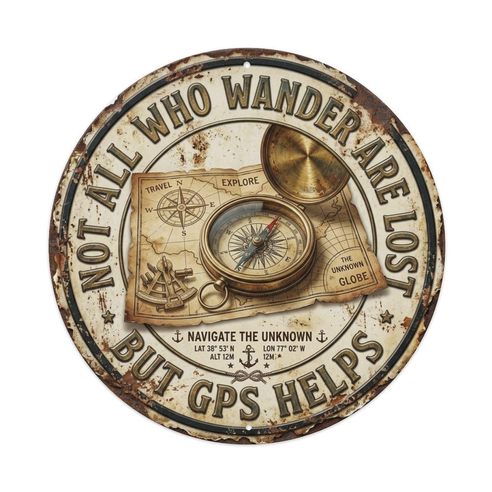 Compass Map Navigate Office Vintage Metal Tin Sign Plaque Wall Decor for Cafe, Club Bar, Office, Garden Metal Poster 8x8Inch