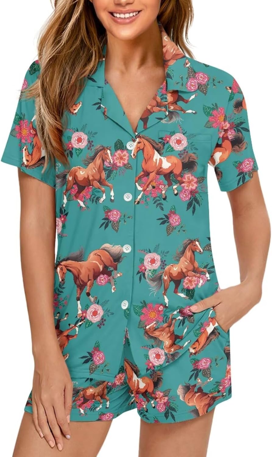 Summer Pajama Set for Women, Short Sleeve Button Down Pjs, 2 Piece Cute Print Loungewear Sleepwear Plus Size