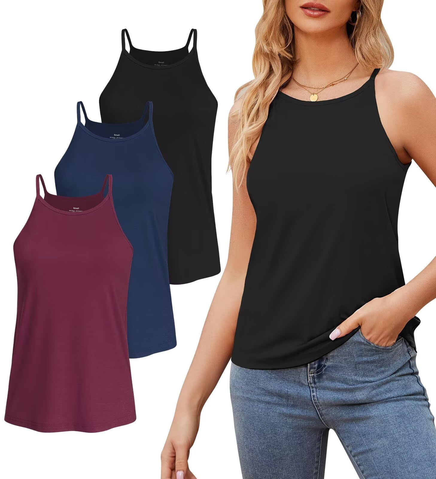 Degkim Tank Top for Women Camisole Trendy Sleeveless Shirts High NeckTanks Loose Fit 3 Pack