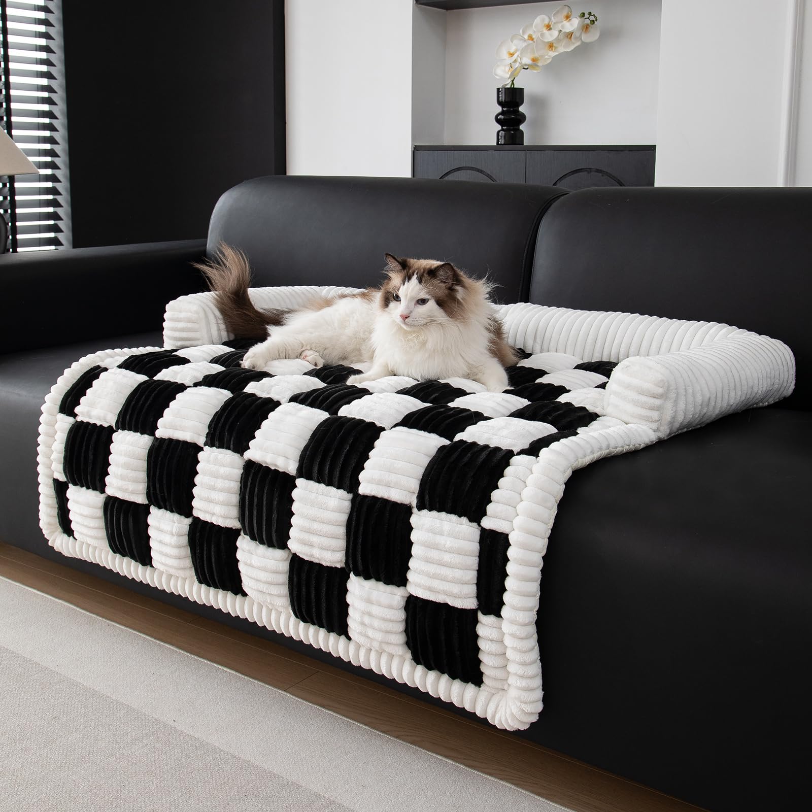 OKYUK Letto per cani super confortevole, cesto divano lavabile a mano, antiscivolo (nero a quadretti, L 75 x P 75 x H 13 cm)