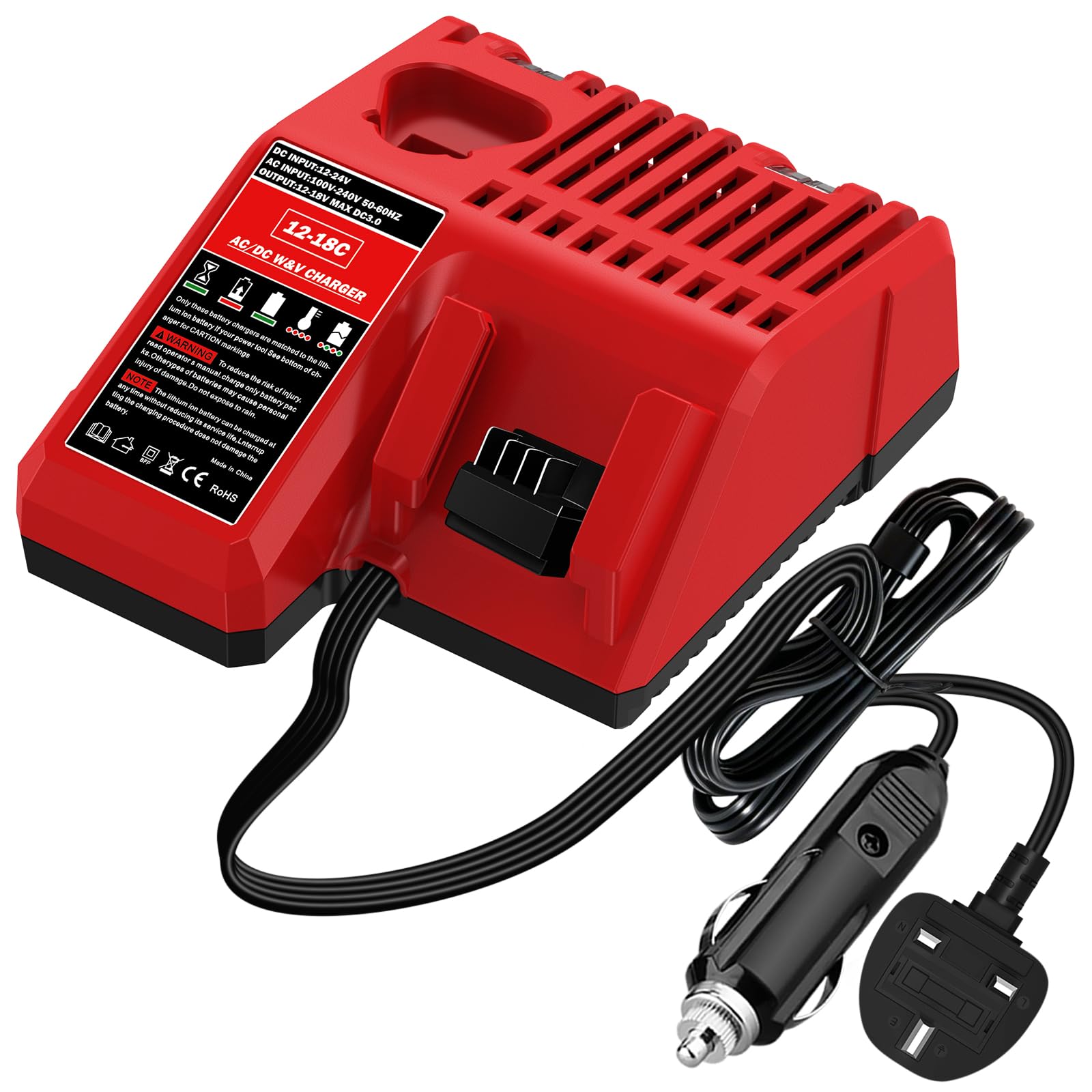 YNDZ 2 in 1 AC/DC Fast Charger Compatible with Milwaukee M12 M14 M18 Batteries, 3A Car & Wall Charger for Milwaukee 12V-18V Cordless Power Tools, 100-240V Portable Dual Voltage Charger