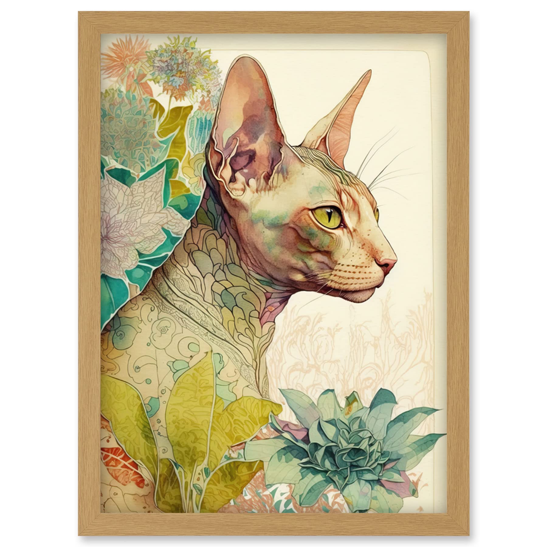 Artery8 Sphynx Cat with Floral Tattoo in Flower Blooms Colourful Modern Watercolour Illustration Artwork Framed Wall Art Print A4