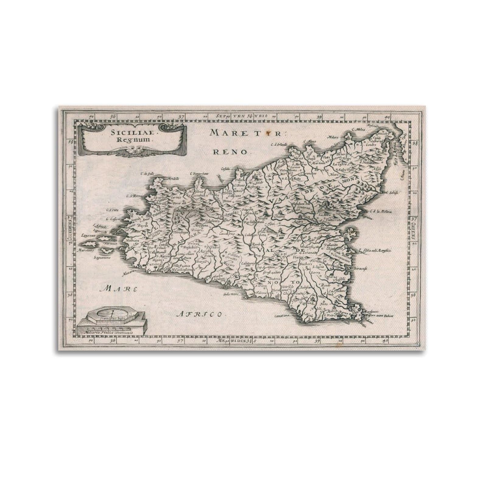 Qlls Unframe-Style Retro Map Poster Europe Italy Sicily Map Decorative Canvas Family Bedroom Artwork Picture Painting 20X30inch(50X75cm)