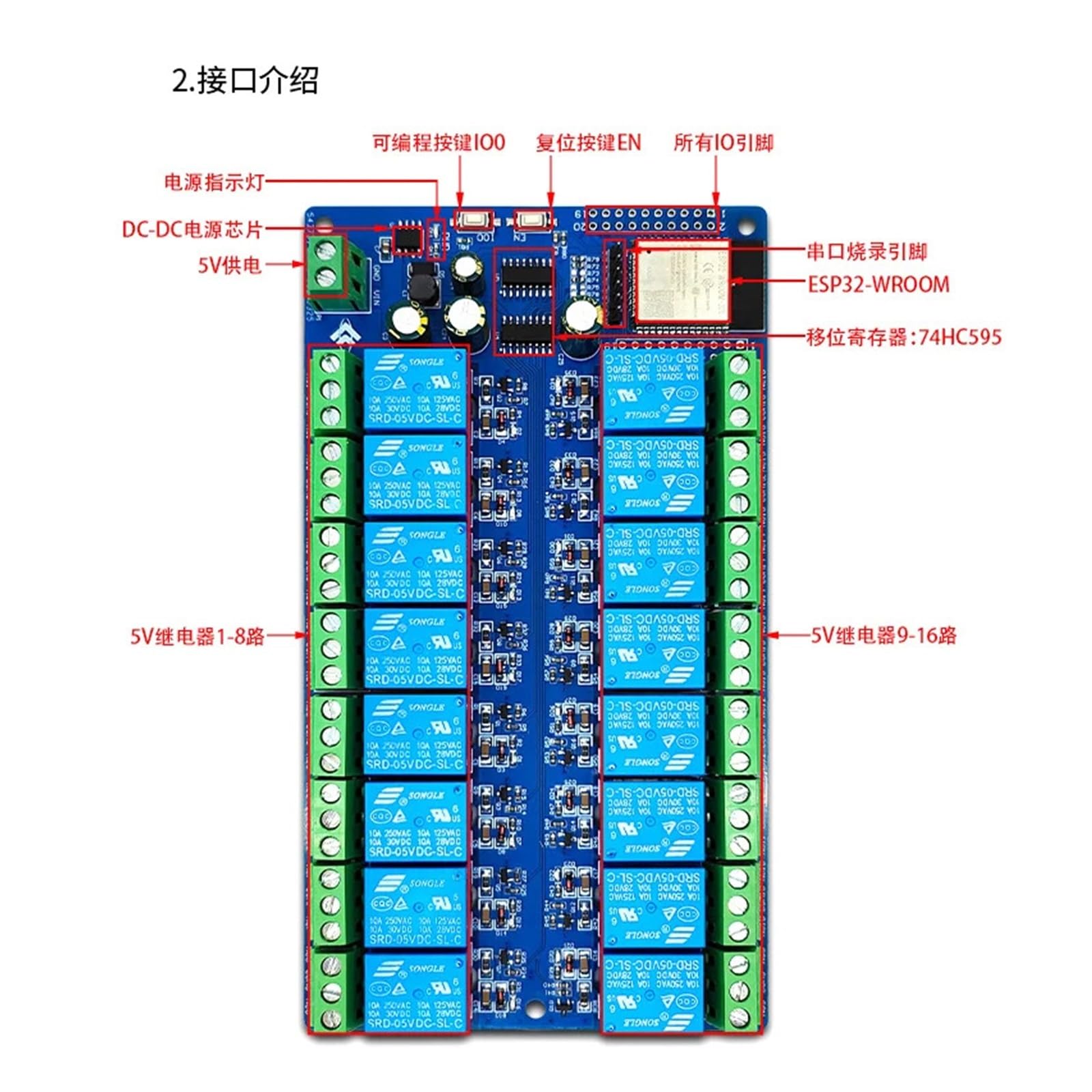 Modulo relè PLC Alimentatore DC5V ESP32 Scheda di sviluppo modulo relè a 16 canali ESP32