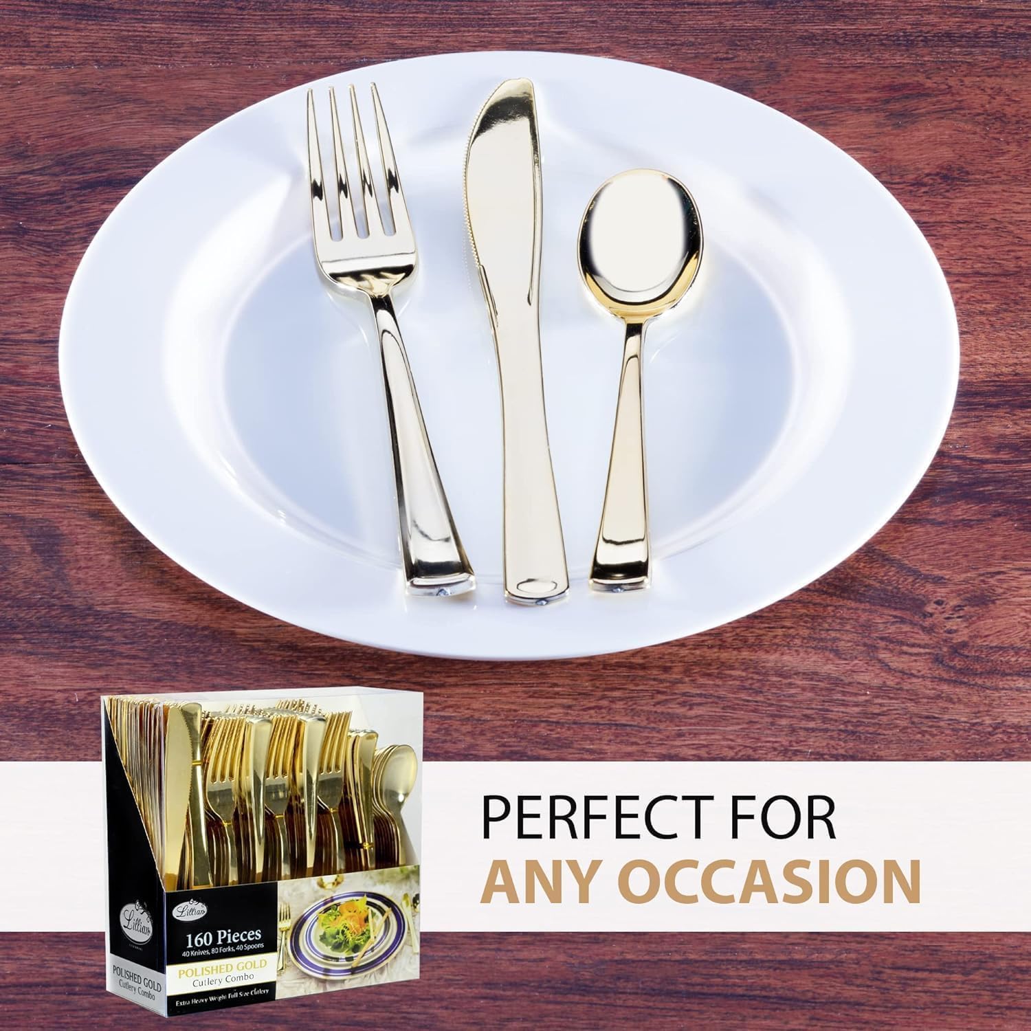 Gold Plastic Silverware Set, 160 Count, Extra Heavy Duty Flatware, Disposable Cutlery Utensils, 80 Forks, 40 Spoons, 40 Knives, Polished Gold, Bulk Pack - Image 6