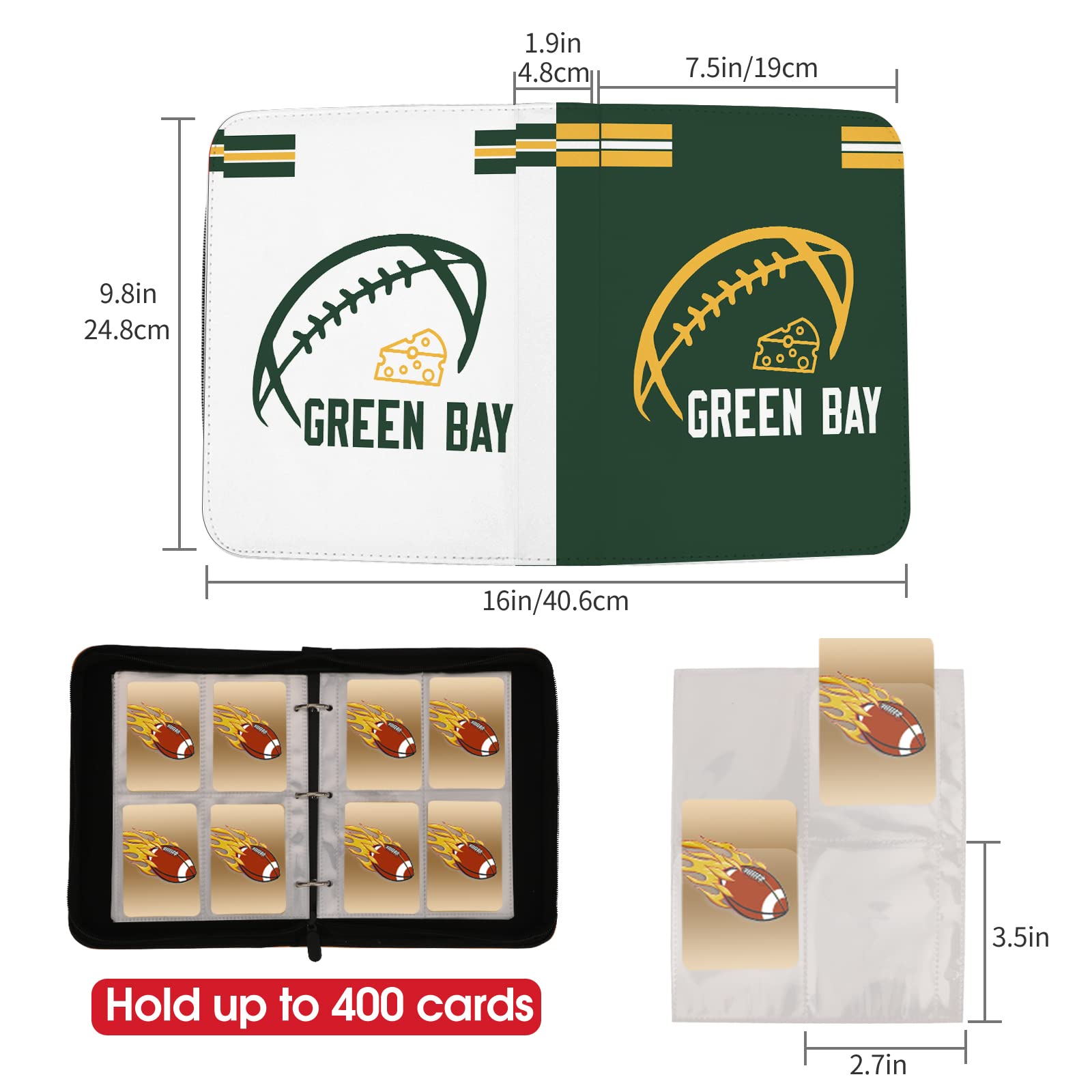 Raccoglitore per carte da calcio con maniche, 400 tasche, porta carte da calcio Green Bay per carte collezionabili Sport Card Raccoglitore a 3 anelli Cartella per collezionisti di calcio Custodia per