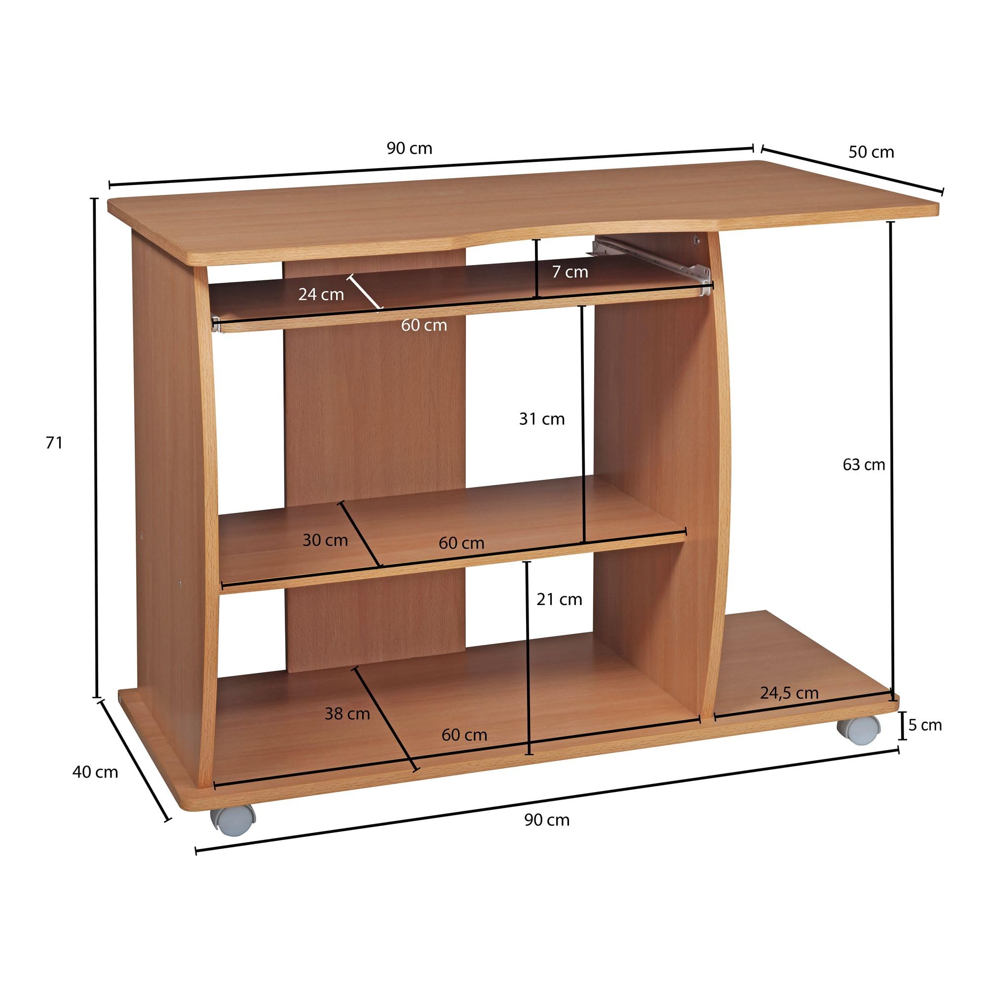 WOHNLING mesa de ordenador DIANA enrollable de haya de 90 x 71 x 50 cm con bandeja para teclado | mesa de ordenador portátil con ruedas | mesa de PC con bandeja de la impresora para ahorrar espacio | Escritorio para espacios pequeños