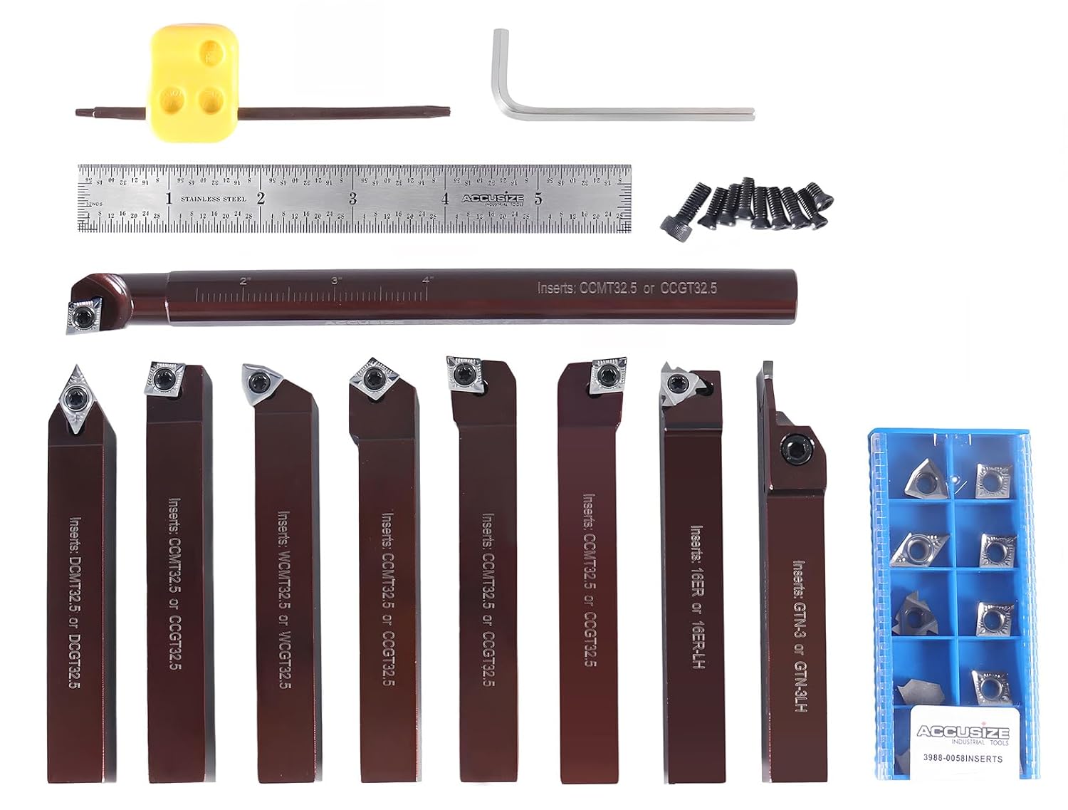 Accusize Industrial Tools 5/8" Shank 9-Piece Indexable Turning & Boring Tool Set, Uncoated Sharp-Edge Inserts for Aluminum, 3988-0058