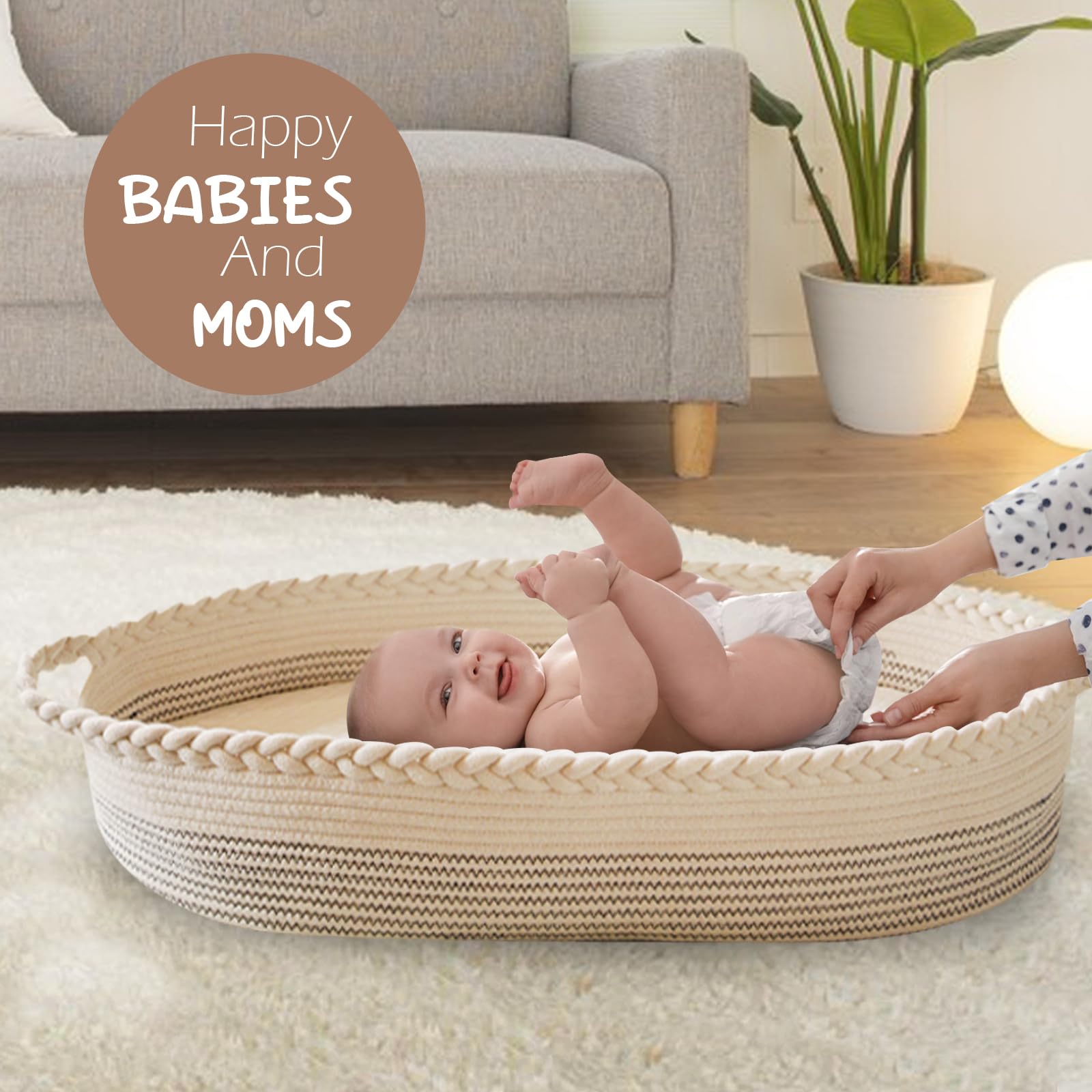 Baby Changing Basket With Extra Travel Diaper Pad, Foa Changing Pad And Water Repellent Cover, Cotton Rope Oses Basket, Changing Table Topper For Dresser - Cotton Rope Baby Changing Basket, Baby Changing