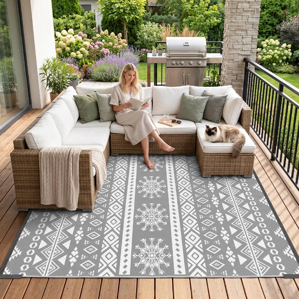 AUAUY Outdoor Rug, Waterproof Reversible Garden Rug, Bohemian Style, UV-Resistant Plastic Straw Rugs, Lightweight Foldable Carpet for Backyard, Picnic, Beach, Camping, Balcony (Grey, 120x180cm)