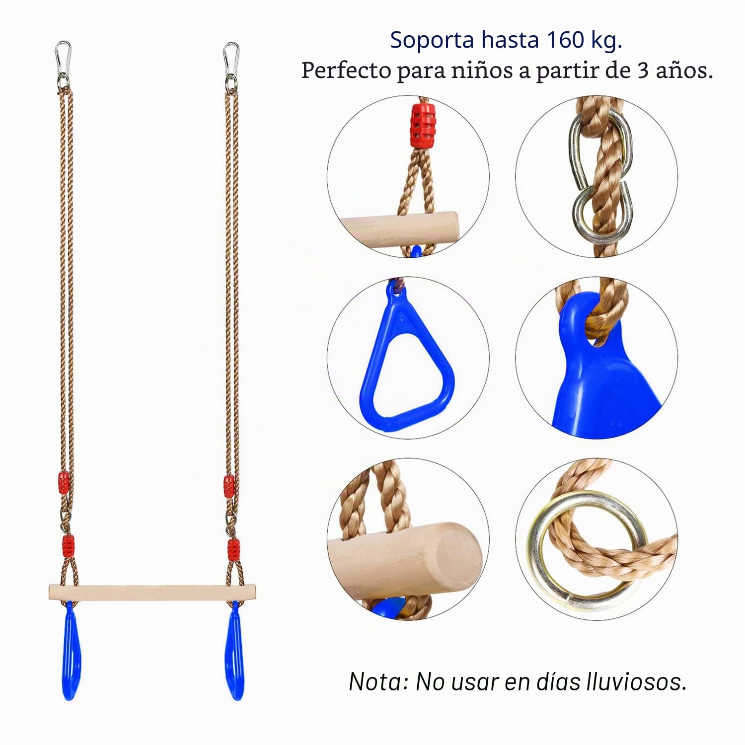 PELLOR Columpio multifunción infantil de madera con anillas de gimnasia de plástico para colgar, soporta hasta 160 kg PELLOR Columpio multifunción infantil de madera con anillas de gimnasia de plástico para colgar, soporta hasta 160 kg