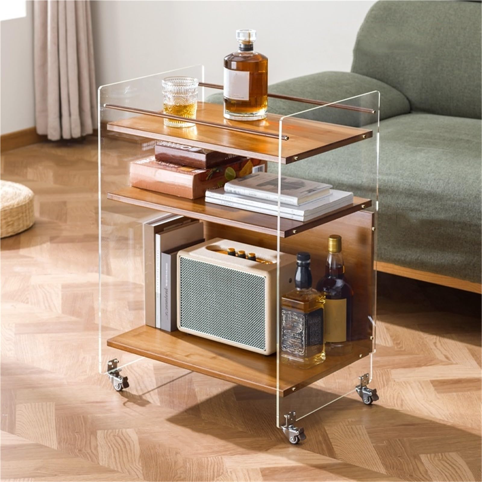 SXZenSpace 3 Tiers Side Table with Wheels Acrylic End Storage Shelf Small Coffee Nightstand Rack for Living Room Office,Ideal