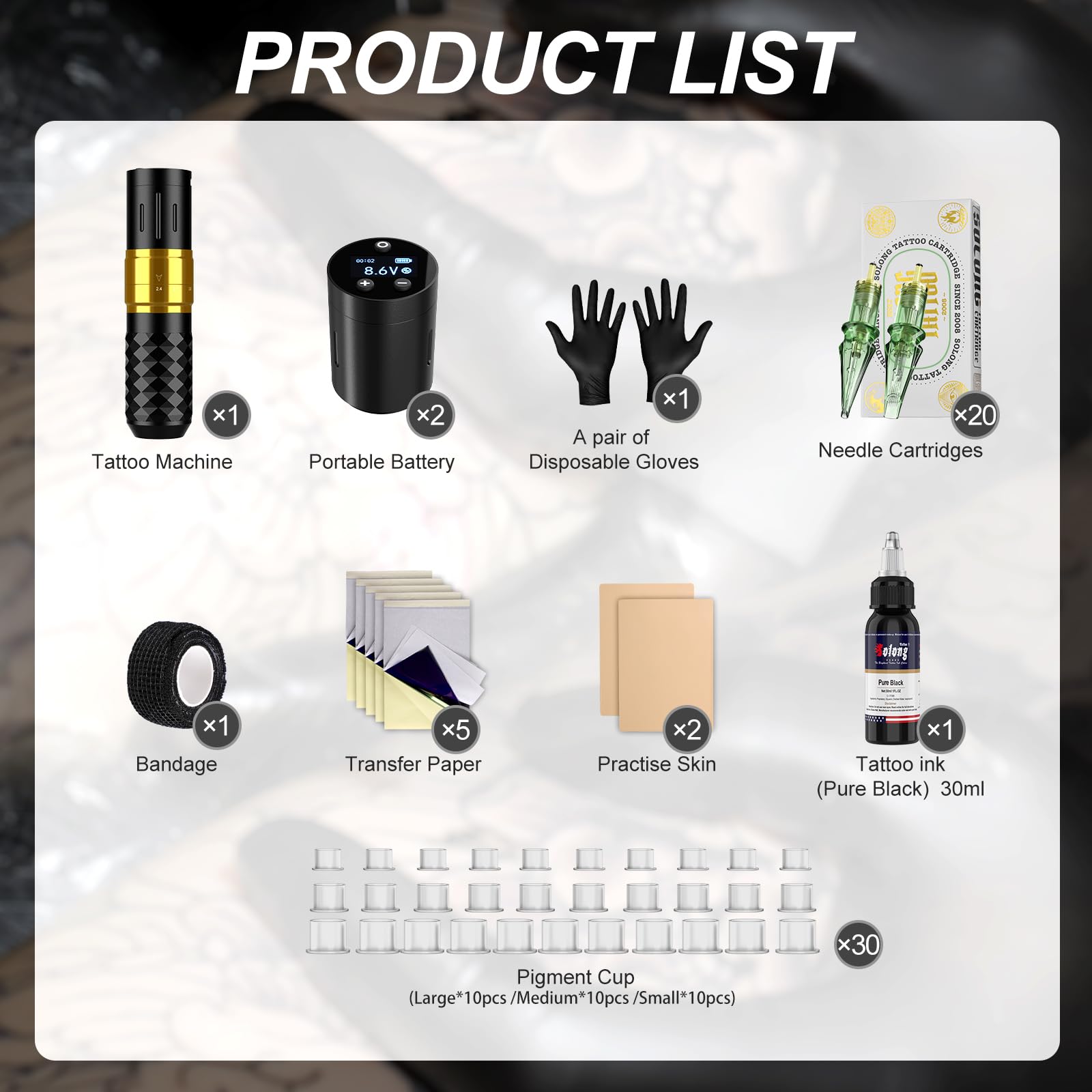 Solong Tattoo Set di 2 batterie 7 strokes, Rotary Wireless Tattoo Pen Gun con LCD digitale, 20 aghi per cartuccia, 30 ml, inchiostro nero per principianti e artisti, SL-TK0002EU-9