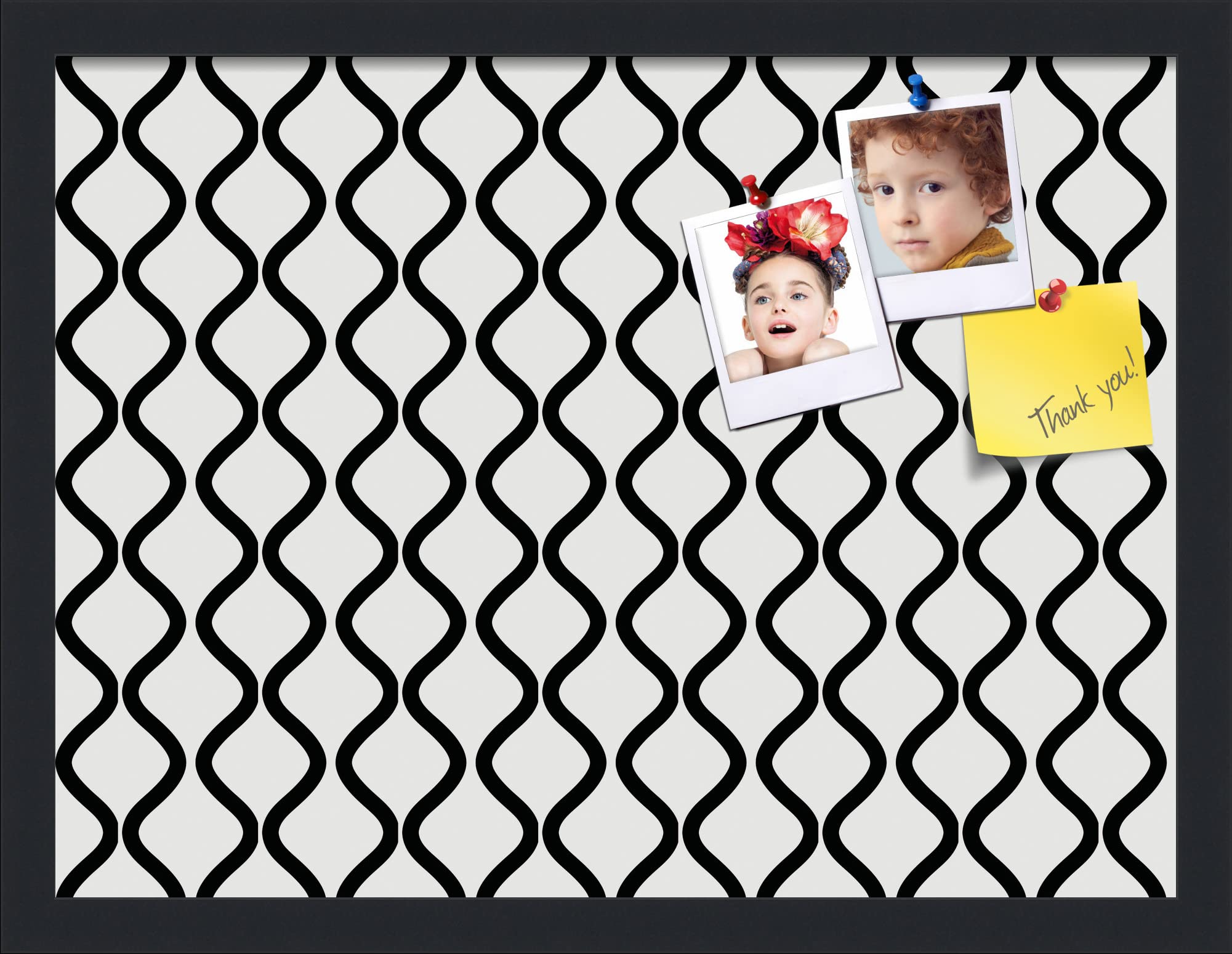 PinPix 20x15 Inch Cork Bulletin Board. This Decorative Framed Pin Board Comes with Black and White Waves Design and a Satin Black Frame. Ideal for