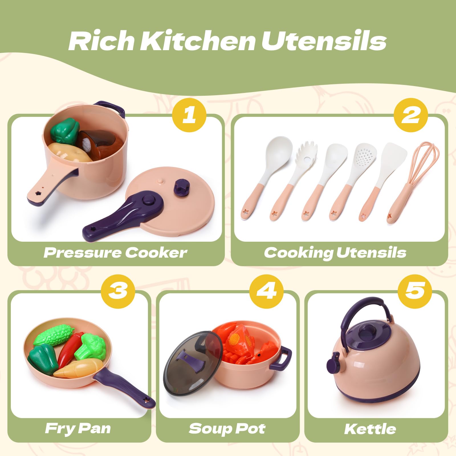 CUTE STONE Mini Accessoire Cuisine Enfant 51pcs, Jeu de Cuisine Imaginaire avec casseroles, poêles, ustensiles, Fruits et légumes à découper, Cadeau éducatif pour Tout-Petits, Filles et garçons.
