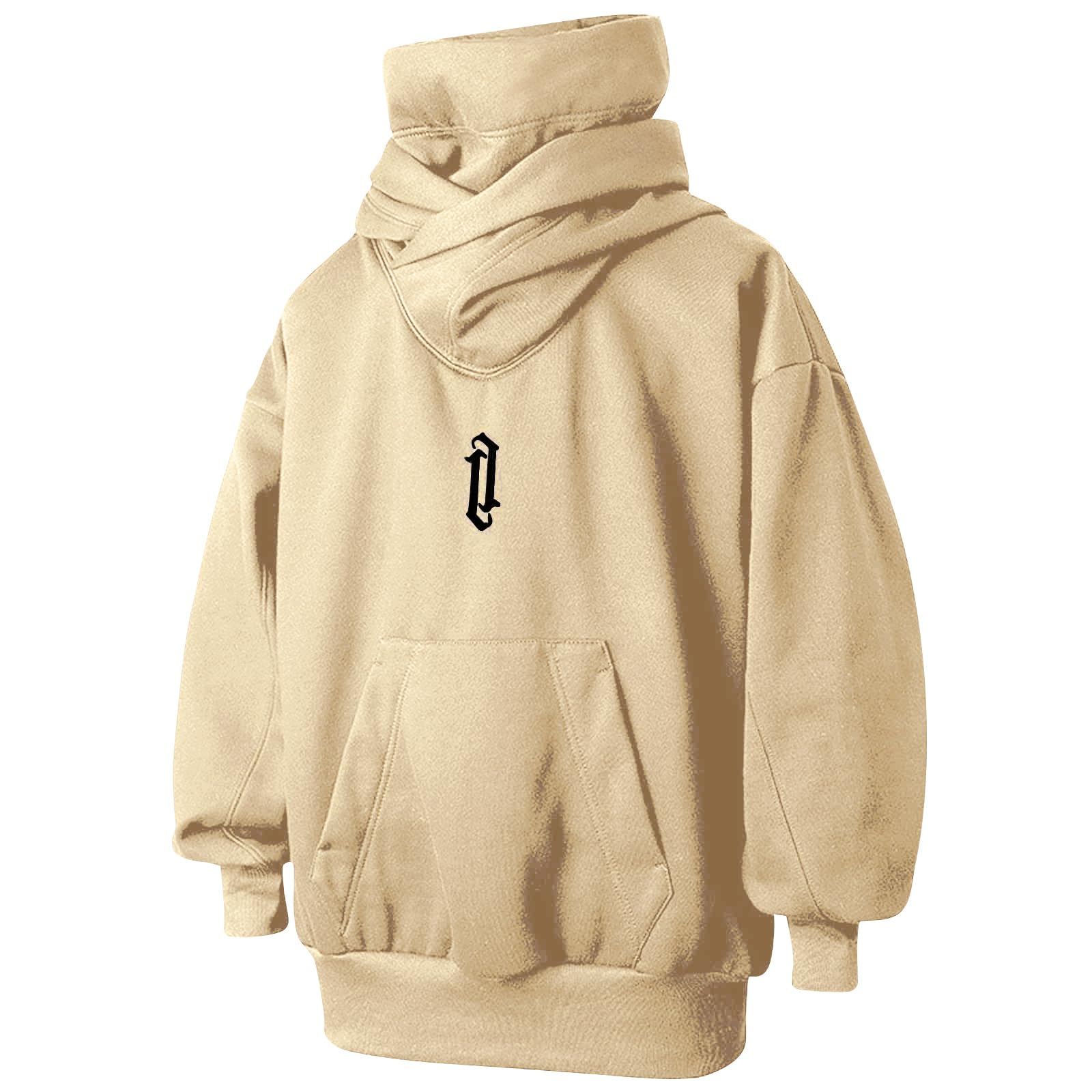 Men's Fleece Double Neckline Hoodie with Face Mask Techwear Beige