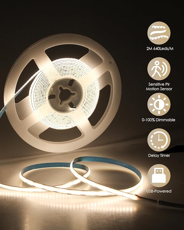 Aclorol USB LED szalag mozgásérzékelővel - 2m, semleges fehér, öntapadós, 5V COB, 18W, szabályozható fényerő, 8mm széles, lépcsőhöz, konyháb