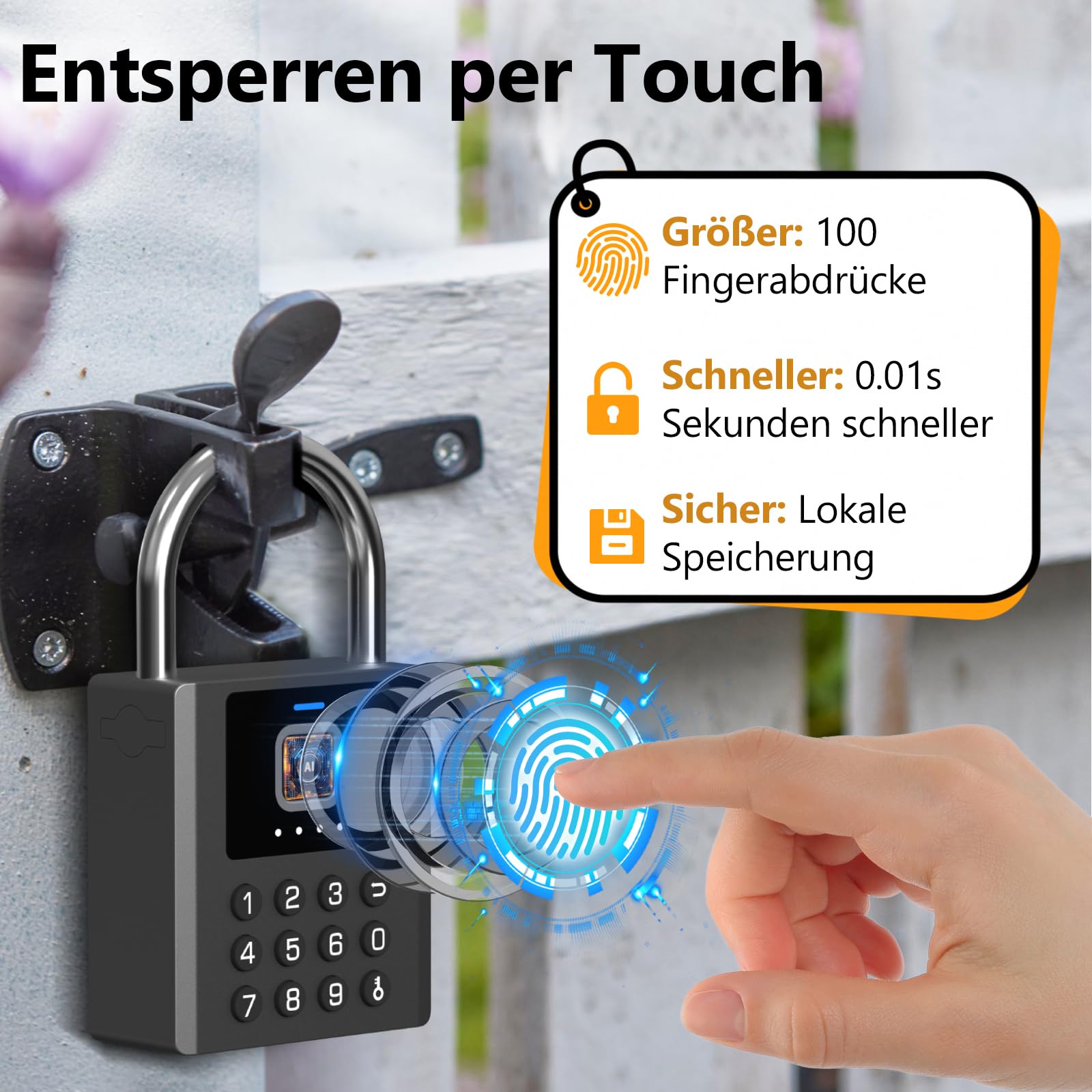 Eseesmart Candado de huellas dactilares con código numérico, 8 mm, doble gancho, IP67, resistente al agua, cerradura de seguridad inteligente con llave Bluetooth para vallas exteriores, puertas de