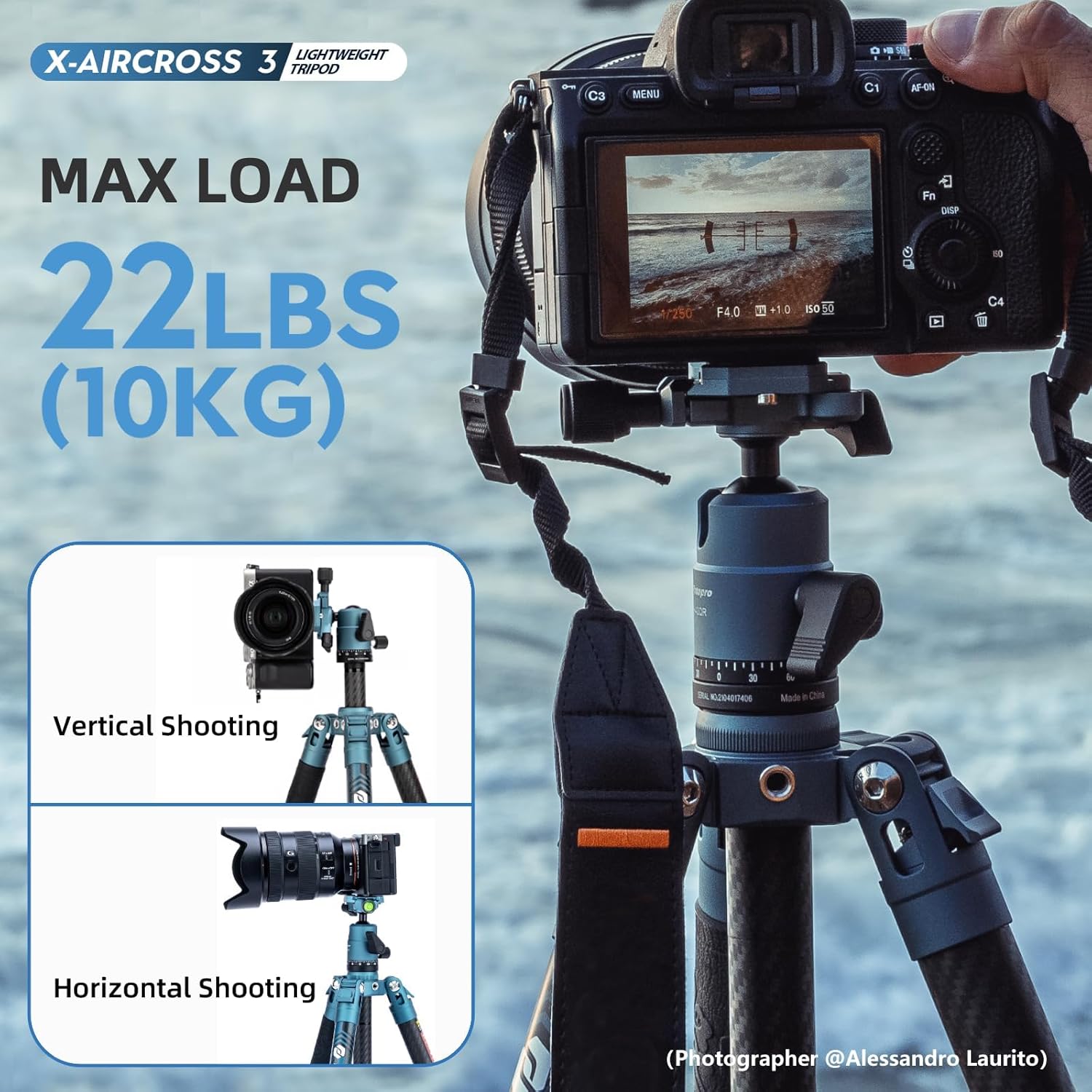 Fotopro 62 Inch Carbon Fiber Tripod for Camera Ultralight Travel Camera Tripod Max Loads Up 22lbs X-Aircross 3 Blue