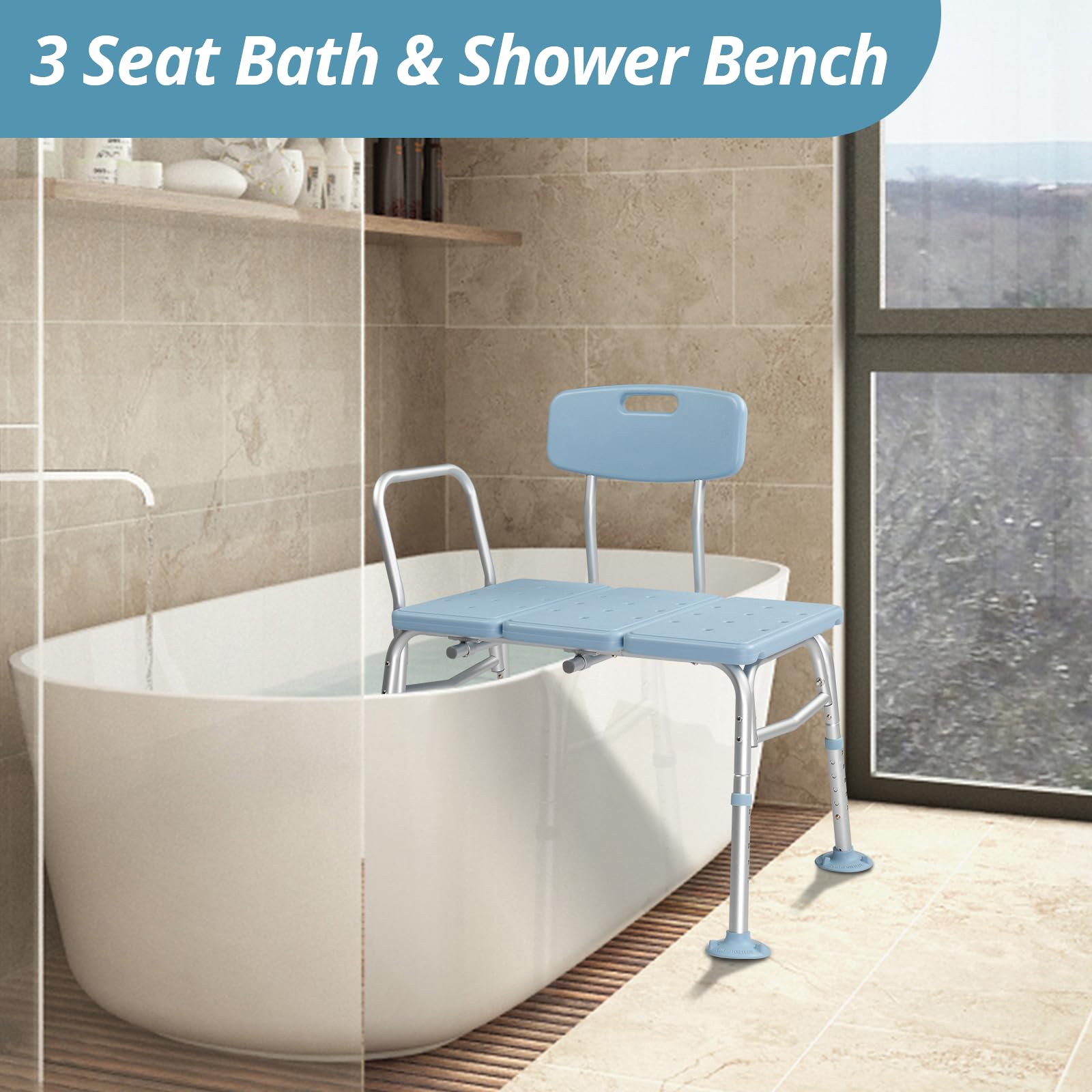 Winado Banco de transferencia para bañera con respaldo y reposabrazos, soporta hasta 330 libras, silla de baño de aleación de aluminio, color azul