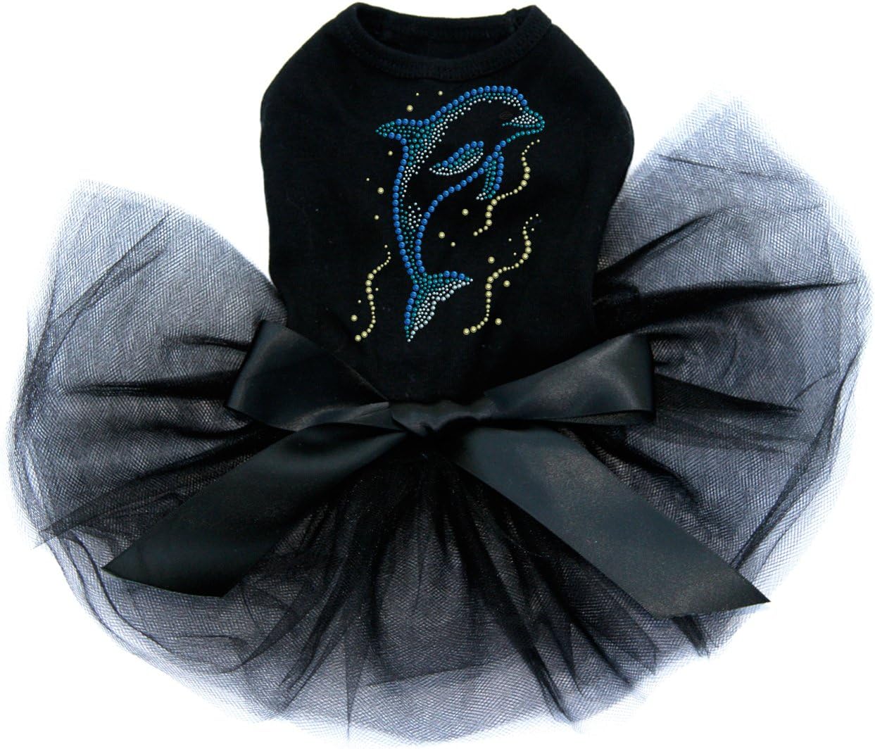 Dolphin - Blue - Bling Rhinestone Dog Tutu Dress, S Black