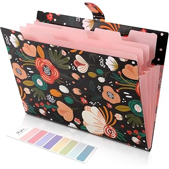 SKYDUE Expanding Folder Document Bag A4 with Colourful Labels Expandable Folder Folder System with Press Stud Button Document Folder for Office Home School Everyday Black Flower 5 Pockets