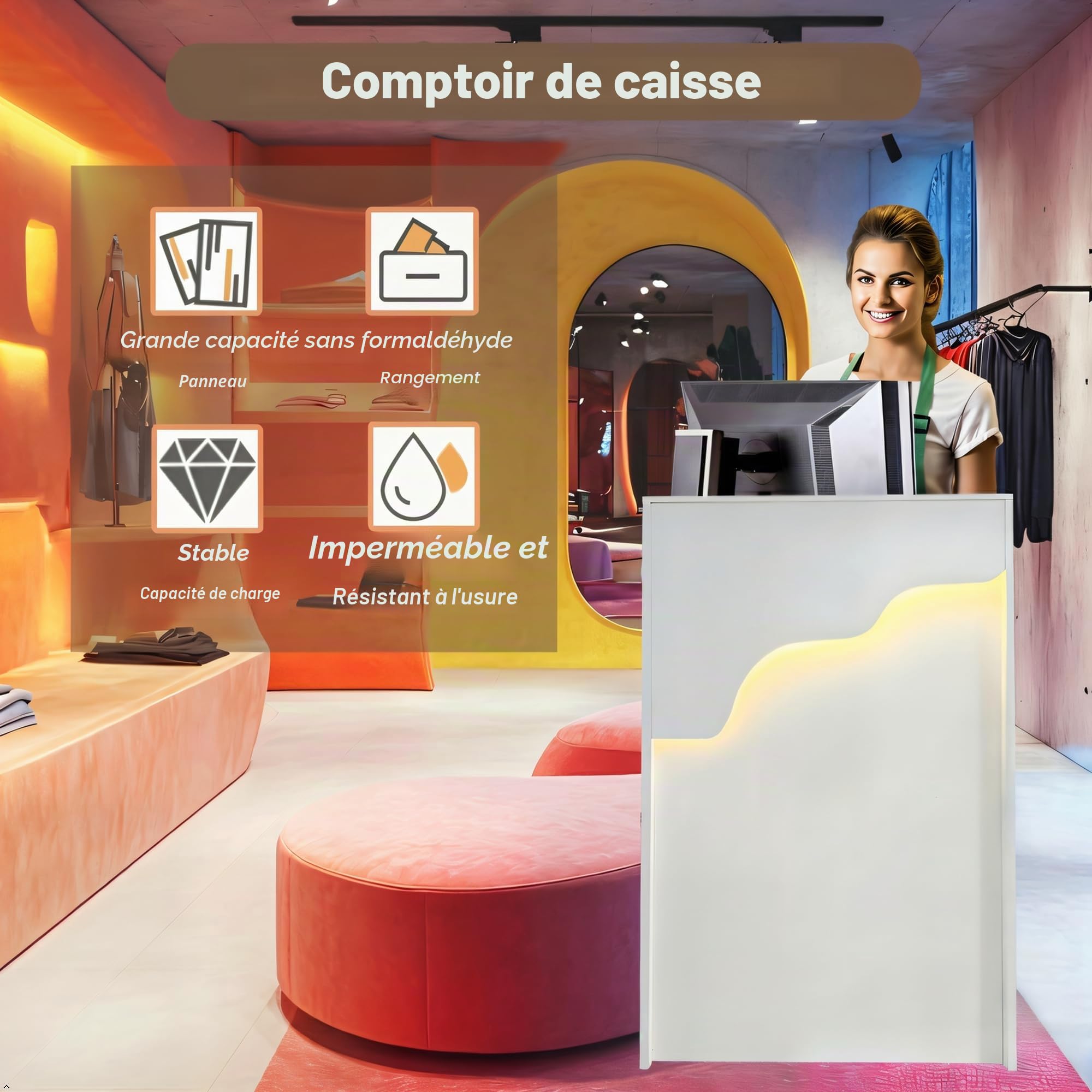 Petit comptoir de réception en bois avec lumière LED, comptoir moderne avec tiroir verrouillable, comptoir blanc pour magasin de vêtements, lobby, salon de beauté (blanc, 60 x 40 x 96 cm)