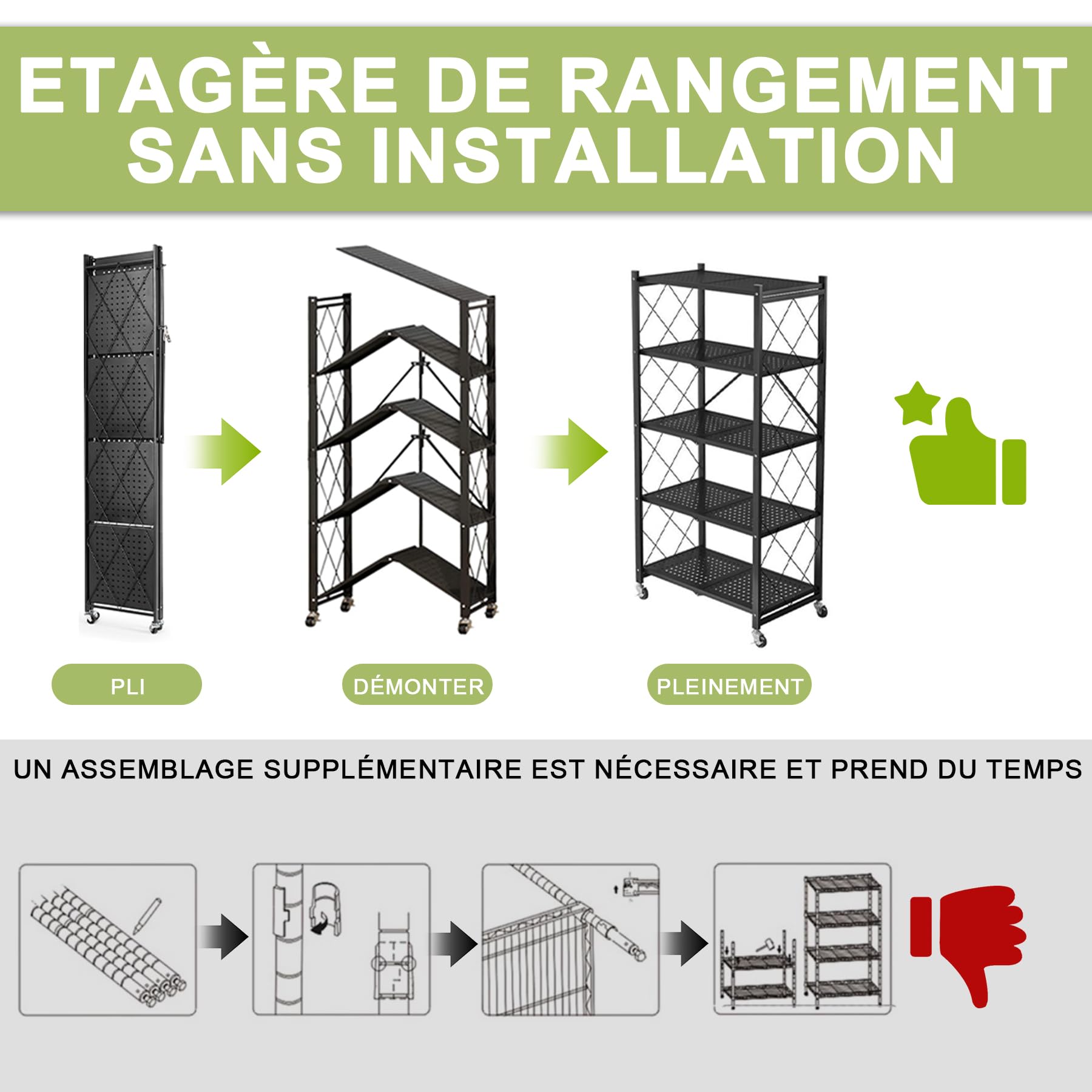 Étagère de Rangement Pliable à 5 étages, Cadre métallique Solide avec roulettes, Facile à Installer, Meuble de Rangement pour Garage, Salon, Chambre à Coucher, Cuisine, 71x34x159cm, Noir