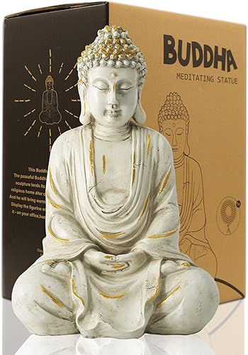 Miniatura 7 de Goodeco 11.4 Estatua de estatua de Buda Zen meditadora, decoración interiorexterior para el hogar, jardín, con collar de cuentas de madera natural,