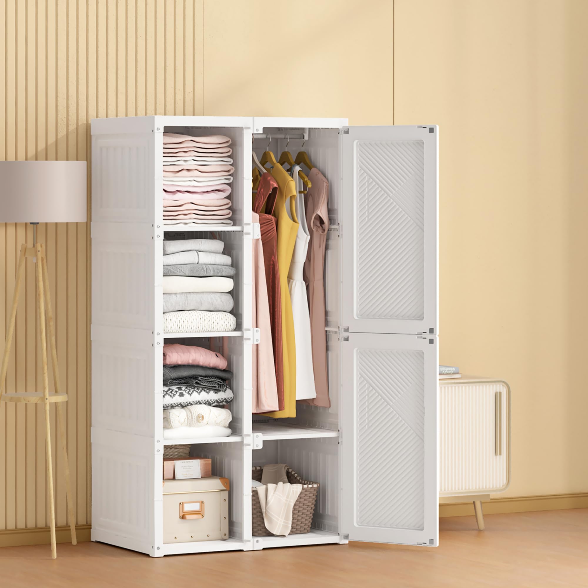 Armadietto portaoggetti bianco 69 x 50 x 136 cm, armadio guardaroba portatile, pieghevole, guardaroba con 5 piani, con asta per vestiti, per camera da letto organizer per vestiti