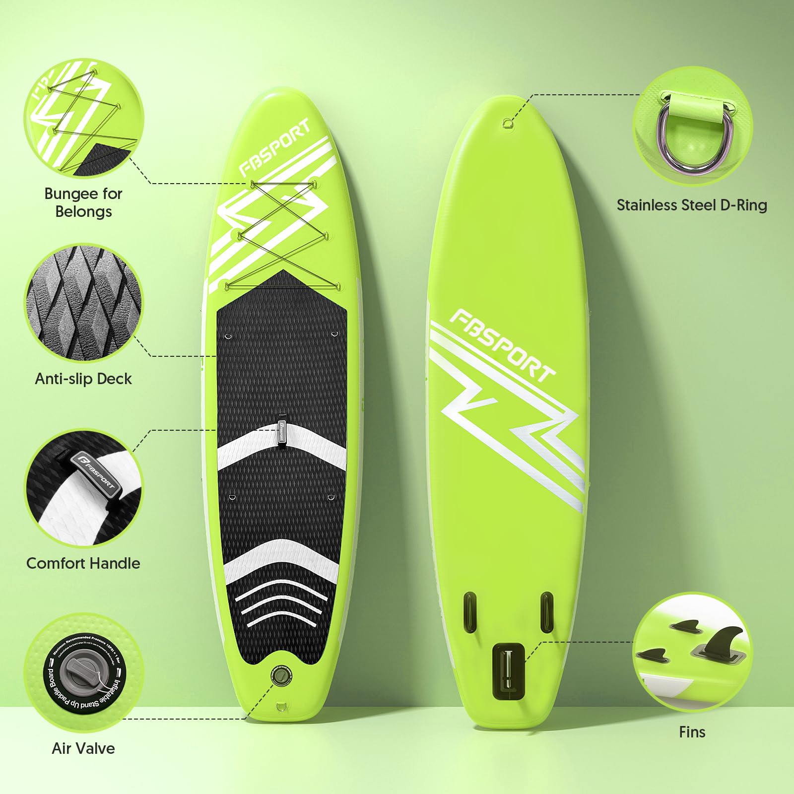 FBSPORT Tavola da SUP Gonfiabile SUP, Stand Up Paddling Board, Stand Up Paddle Board Gonfiabile per Stand Up Paddling 15CM Spessore, Surf con Alluminio Regolabile SUP Paddle + Pompa