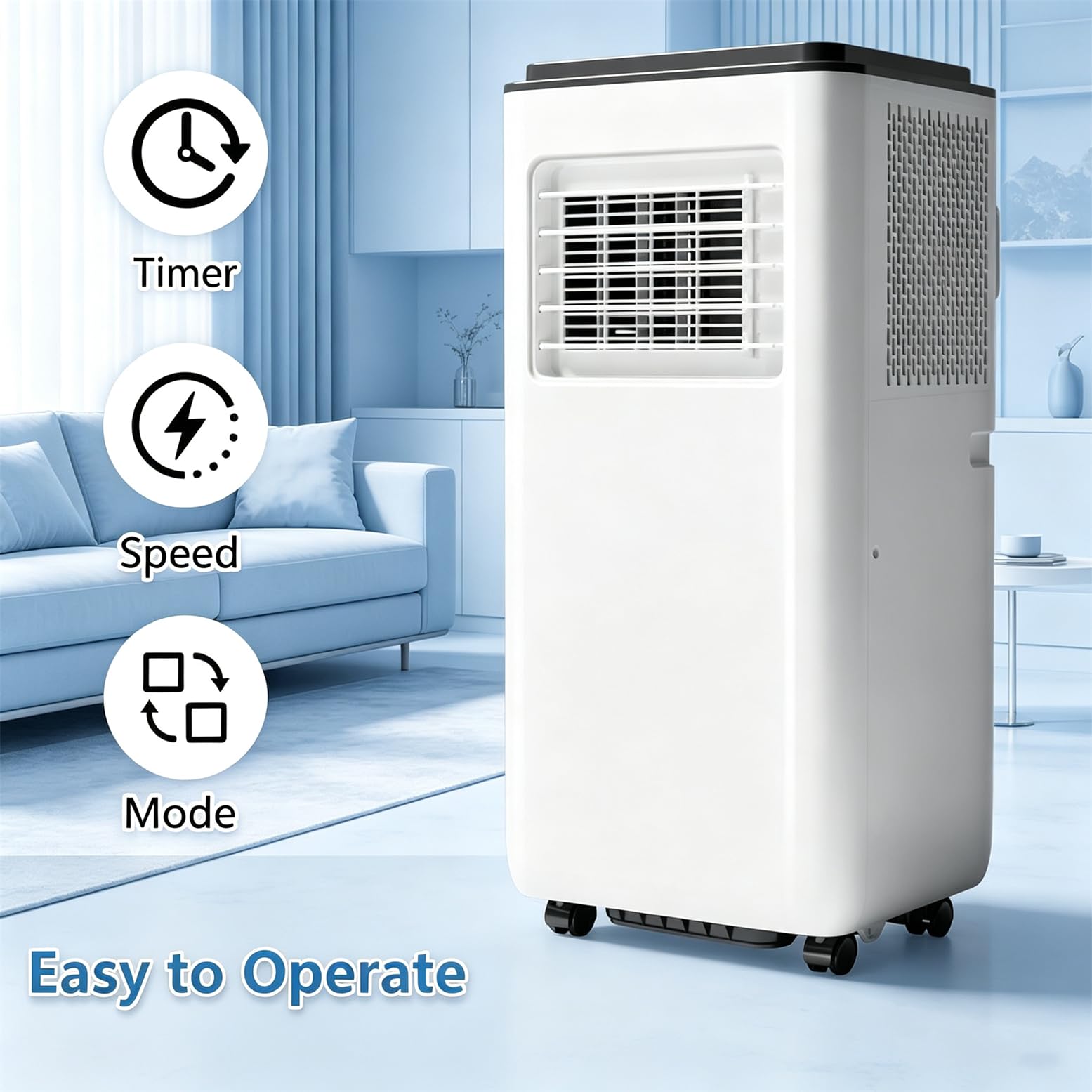 Climatiseur Portable 12000 BTU, Unité Mobile 2 Vitesses avec Télécommande Et Minuterie 24 H ; Modes Froid, Chaud, Ventilation Et Déshumidification ; pour Bureau Ou Domicile (Salon, Chambre)