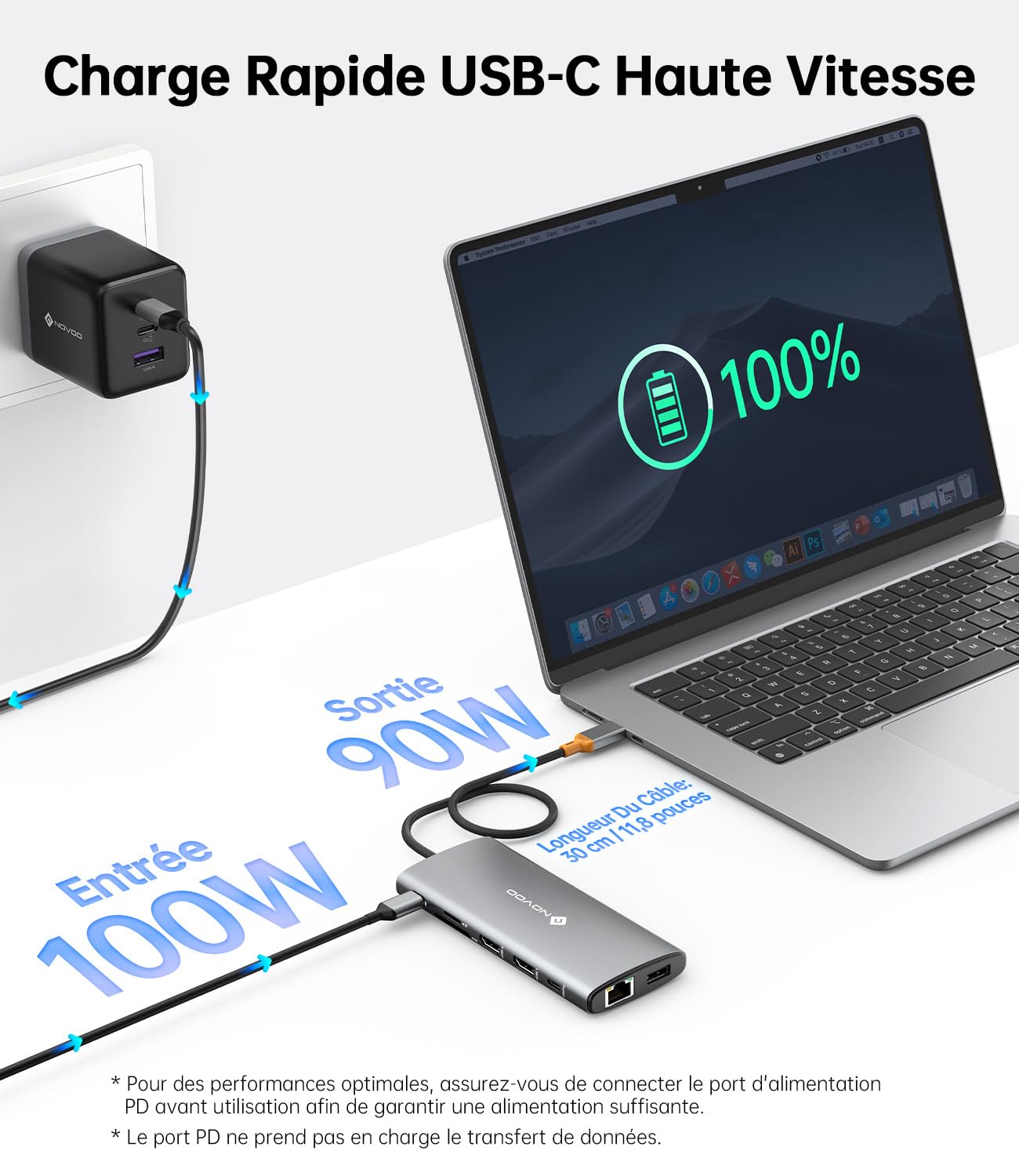 NOVOO 14-in-1 - Stazione di Home Display USB C su tre schermi, uscita tipo C unica per video 4K a 60 Hz, HDMI 4K@60Hz*2, USB-A 3.2 * 2, USB C 10 Gbps, SD/TF 2.0, audio, 100WPD per HP/Dell/Mac