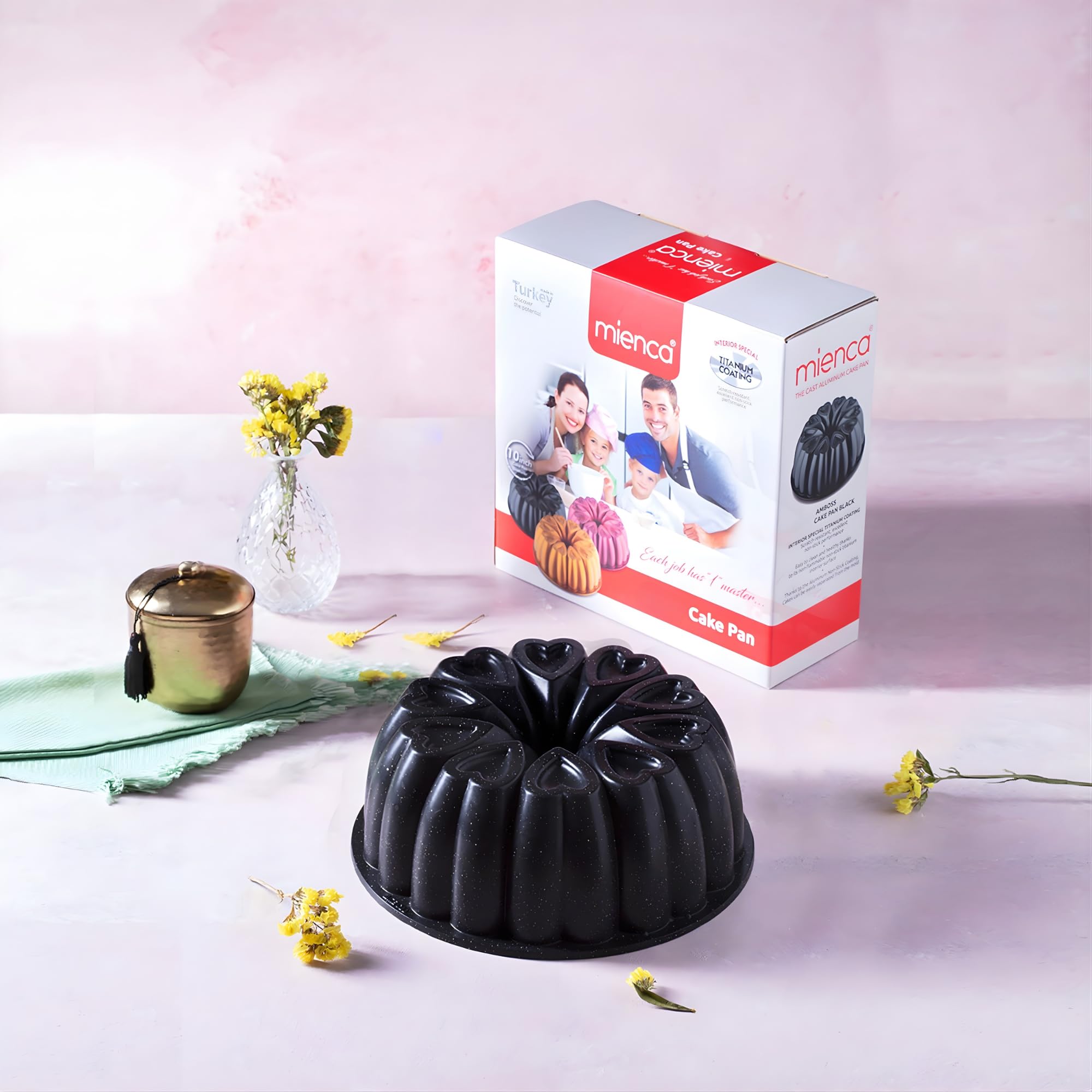 Moule à gâteau en aluminium en forme de cœur, cadeau de Noël, antiadhésif, 25.4 cm, moule à tube cannelé en aluminium moulé, titane pour revêtement, 12 tasses (noir)