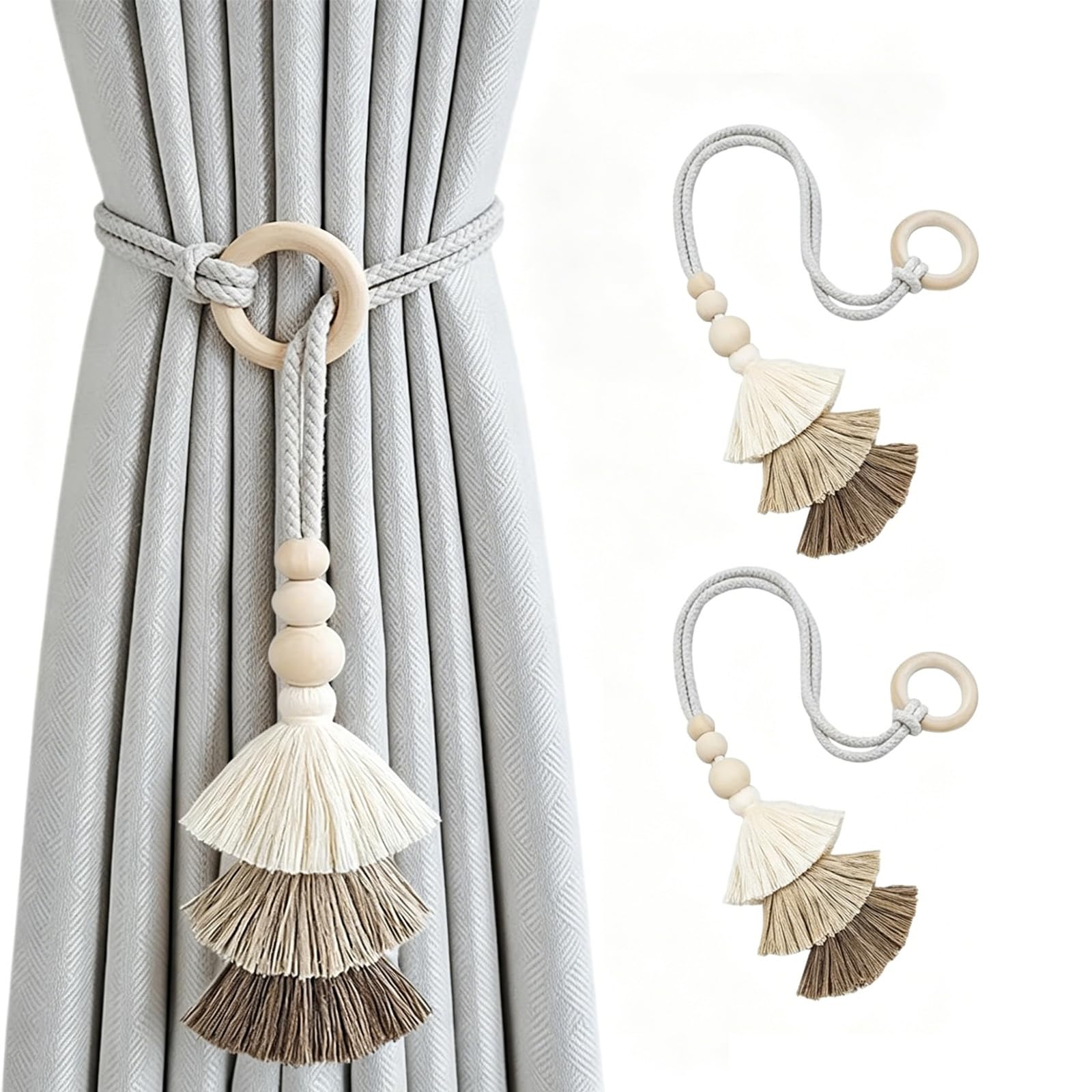 Curtain Tiebacks, Elegant Tiebacks with Binding Ropes for Curtains, Curtain Tiebacks for Living Rooms, Bedrooms and Offices (Tasselled wooden ring)